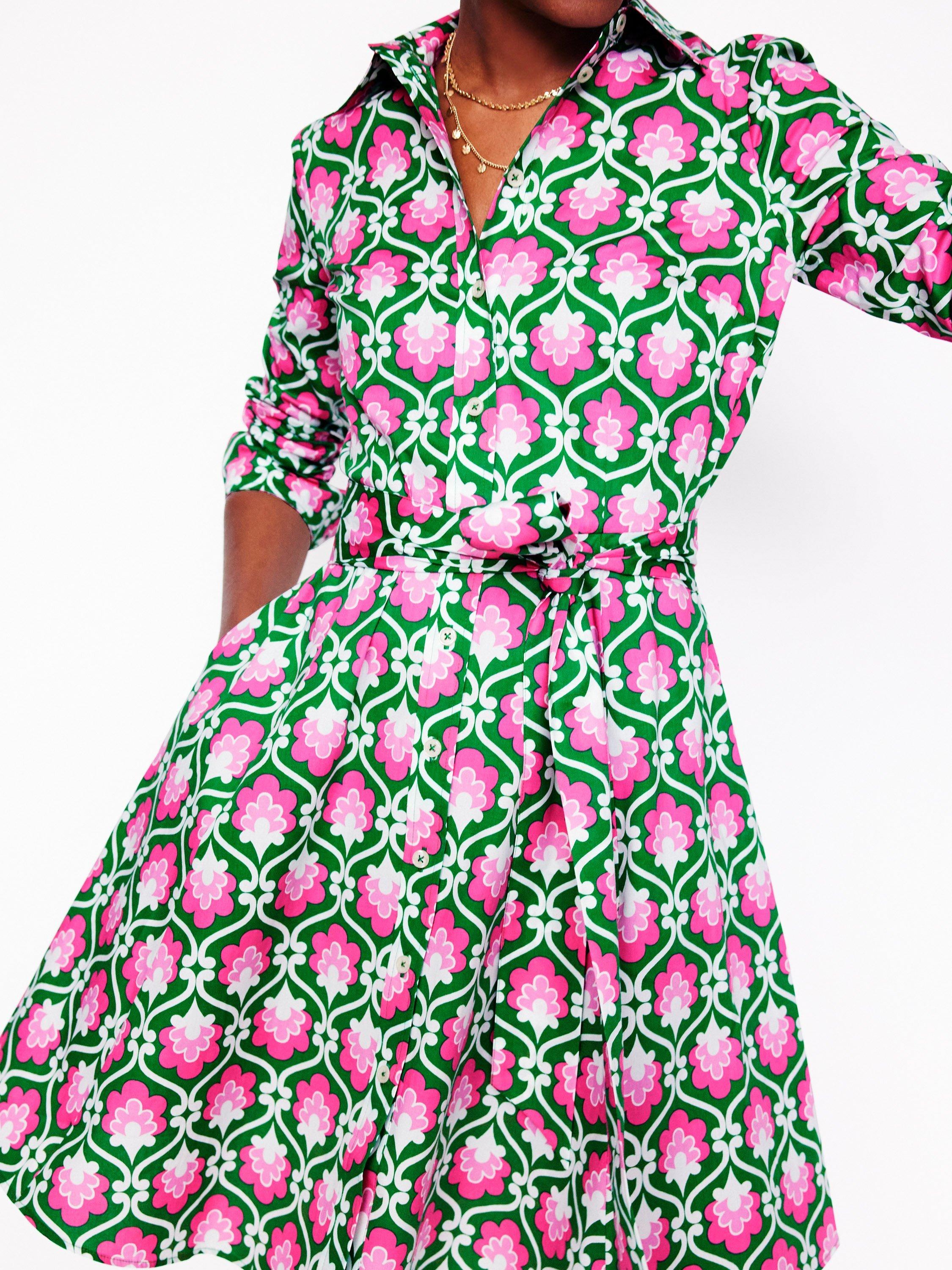 Product image 2 of 6, which shows Boden Amy Trellis Shirt Dress, Emerald/Pink, 8