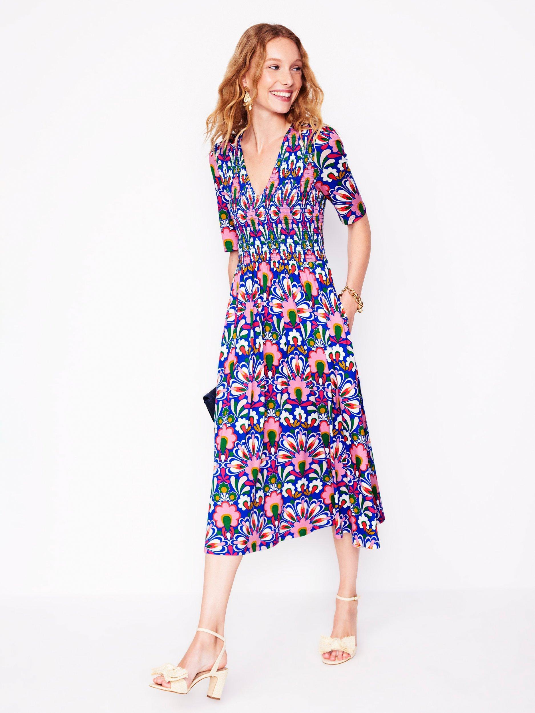 Product image 1 of 7, which shows Boden Bethany Floral Smocked Jersey Dress, Blue/Multi, 10
