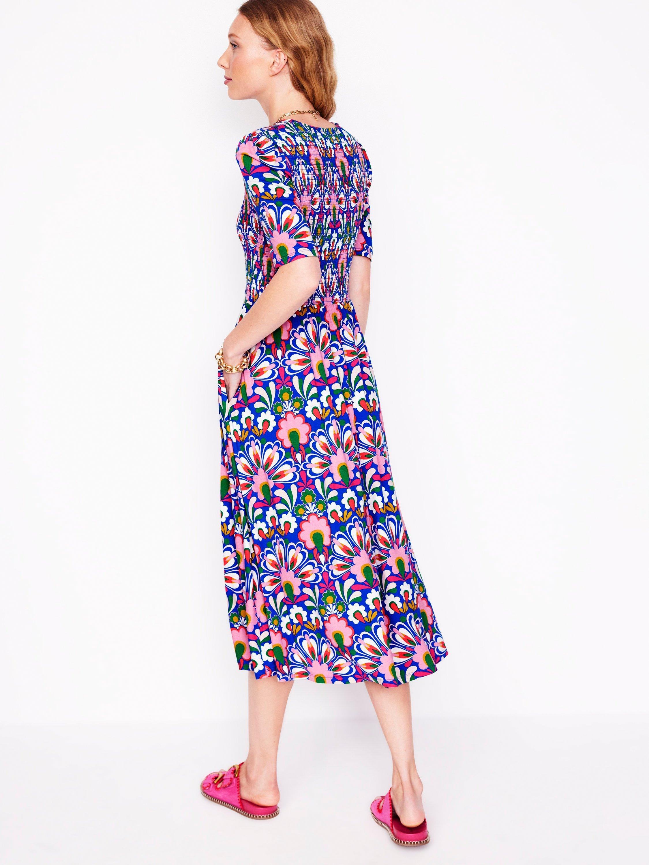 Product image 3 of 7, which shows Boden Bethany Floral Smocked Jersey Dress, Blue/Multi, 10