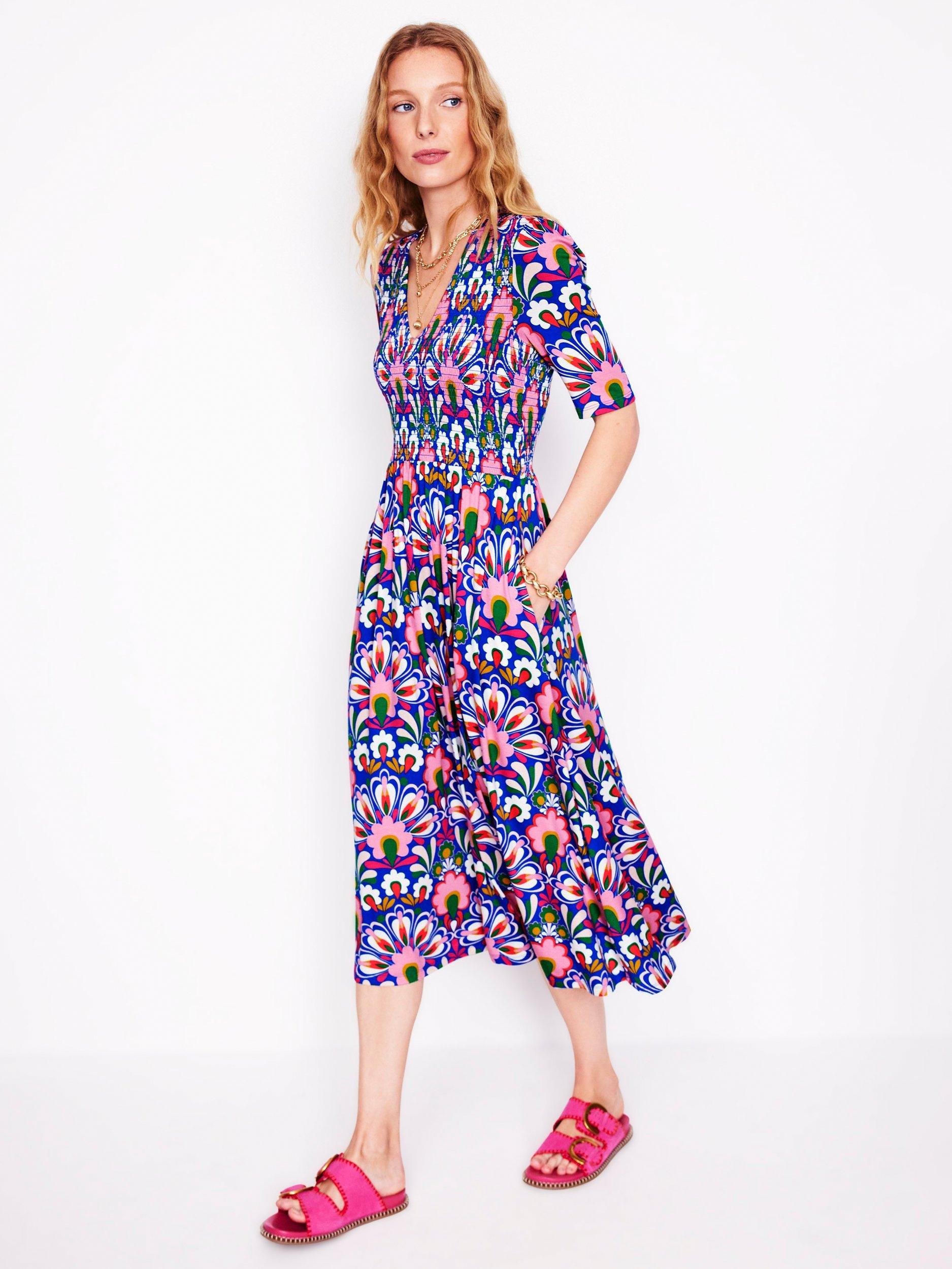 Product image 5 of 7, which shows Boden Bethany Floral Smocked Jersey Dress, Blue/Multi, 10