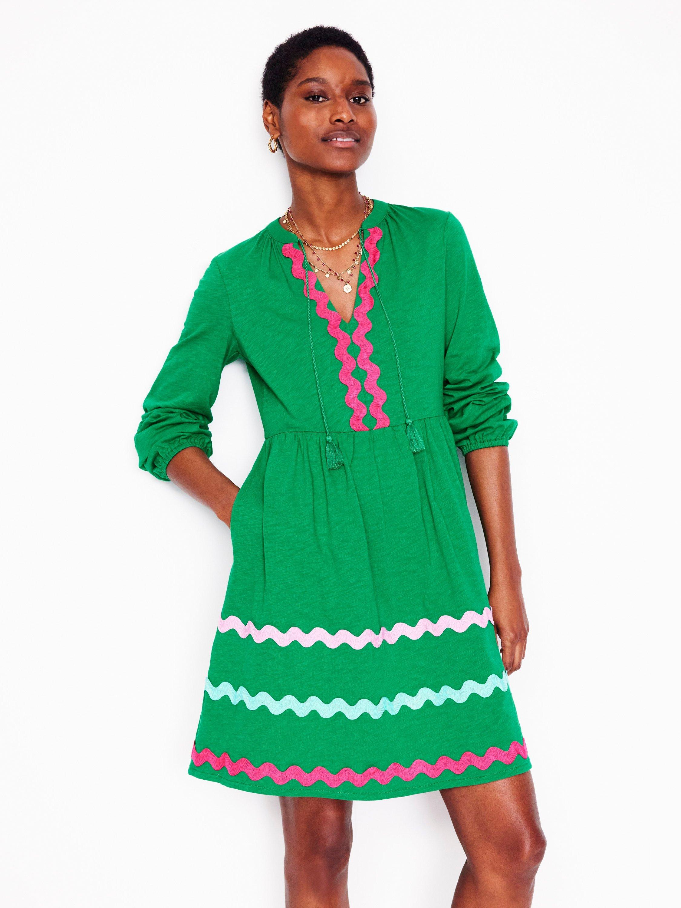 Product image 1 of 5, which shows Boden Corinna Ric Rac Jersey Dress, Rich Emerald, 10
