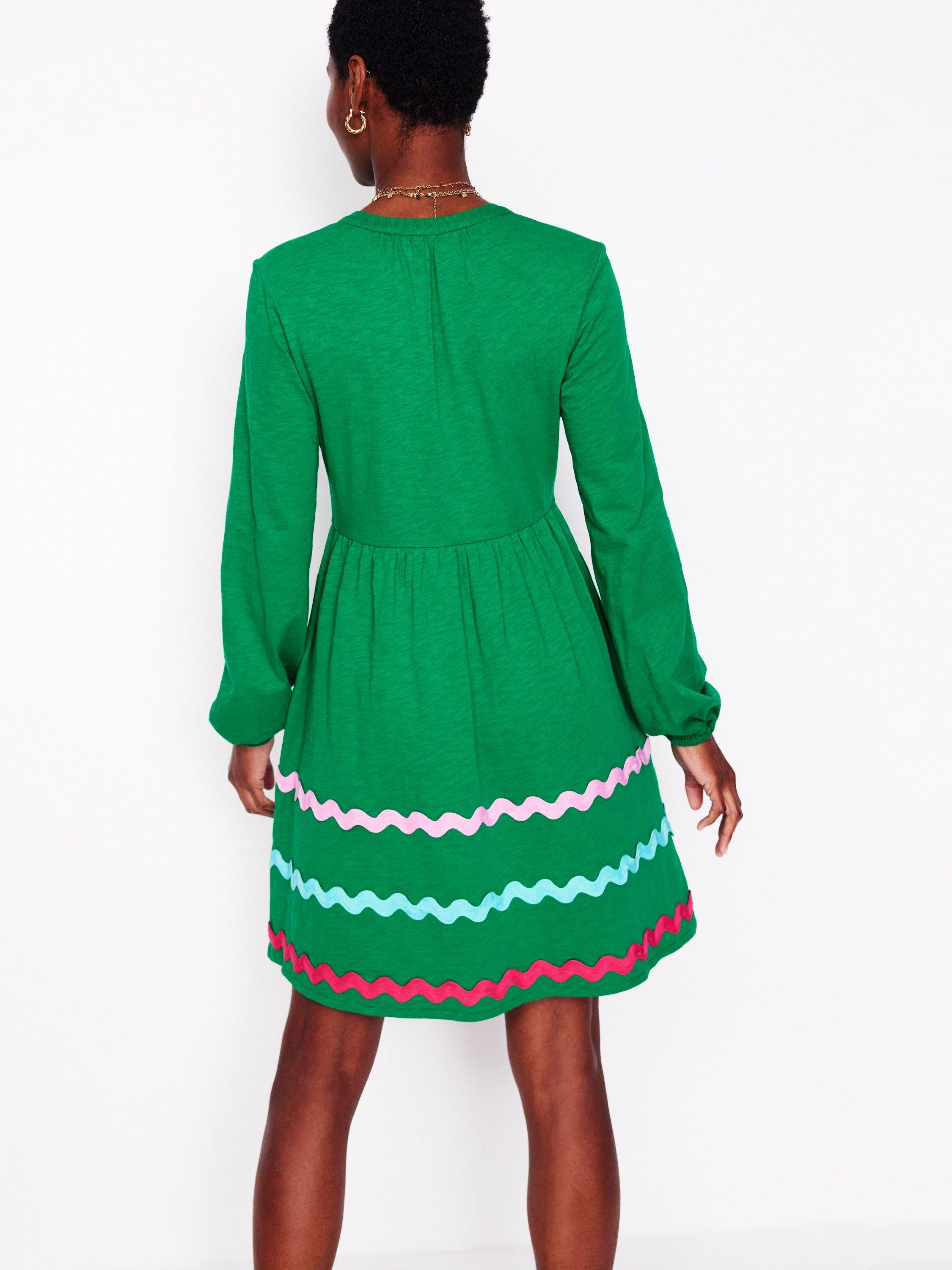 Product image 3 of 5, which shows Boden Corinna Ric Rac Jersey Dress, Rich Emerald, 10