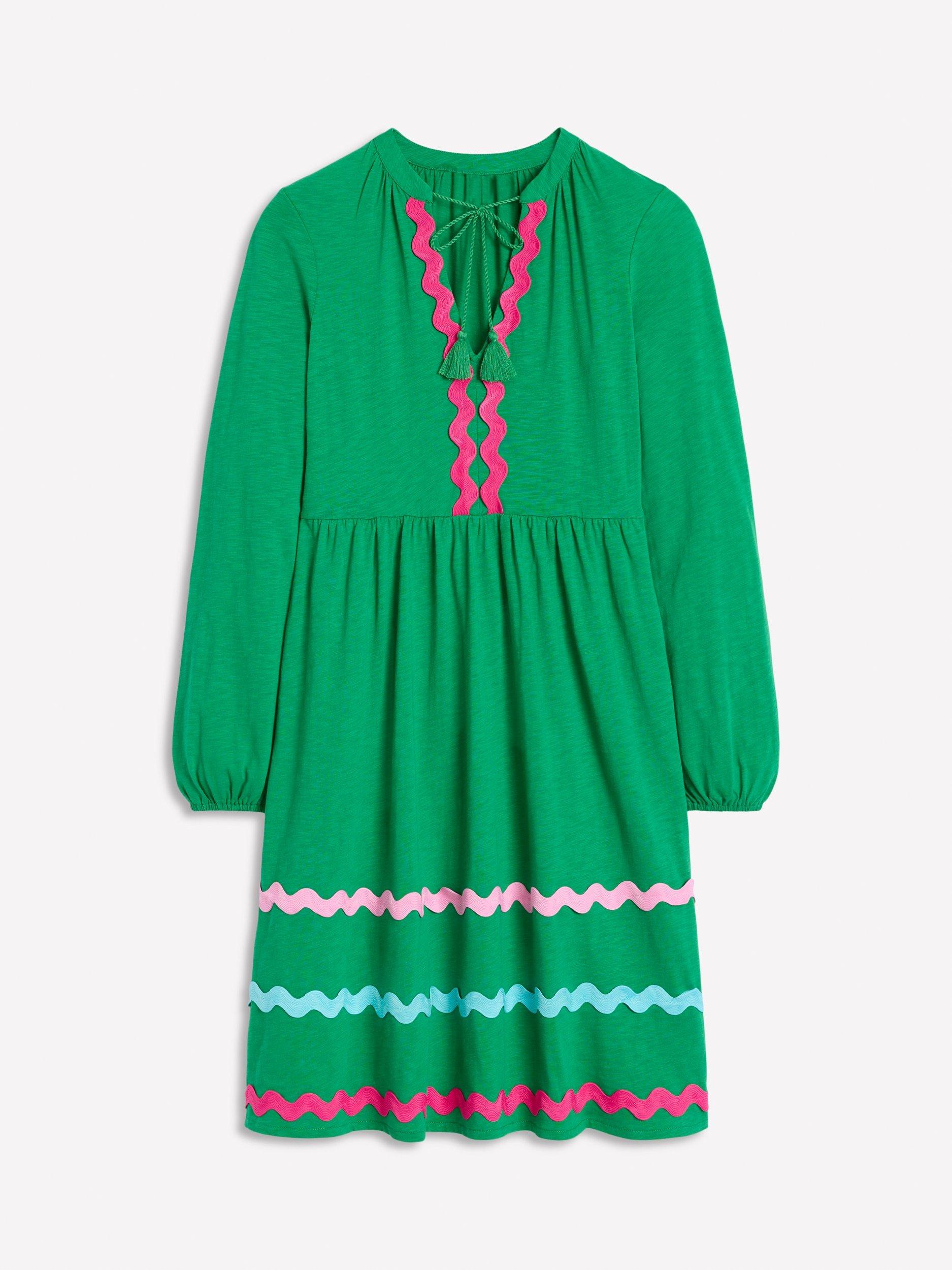 Product image 5 of 5, which shows Boden Corinna Ric Rac Jersey Dress, Rich Emerald, 10