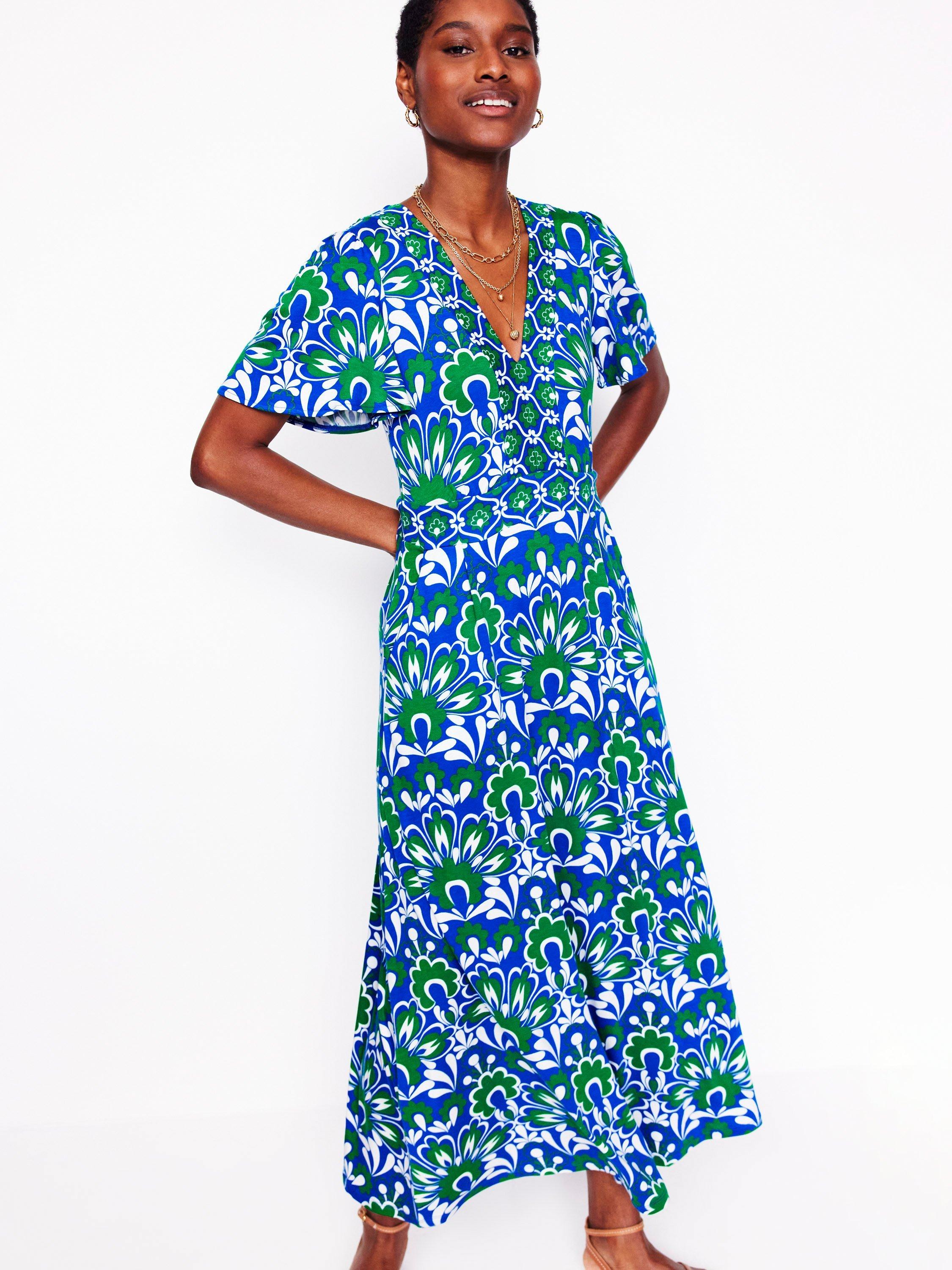 Product image 1 of 5, which shows Boden Ellie Floral Flutter Maxi Tea Dress, Blue/Multi, 8