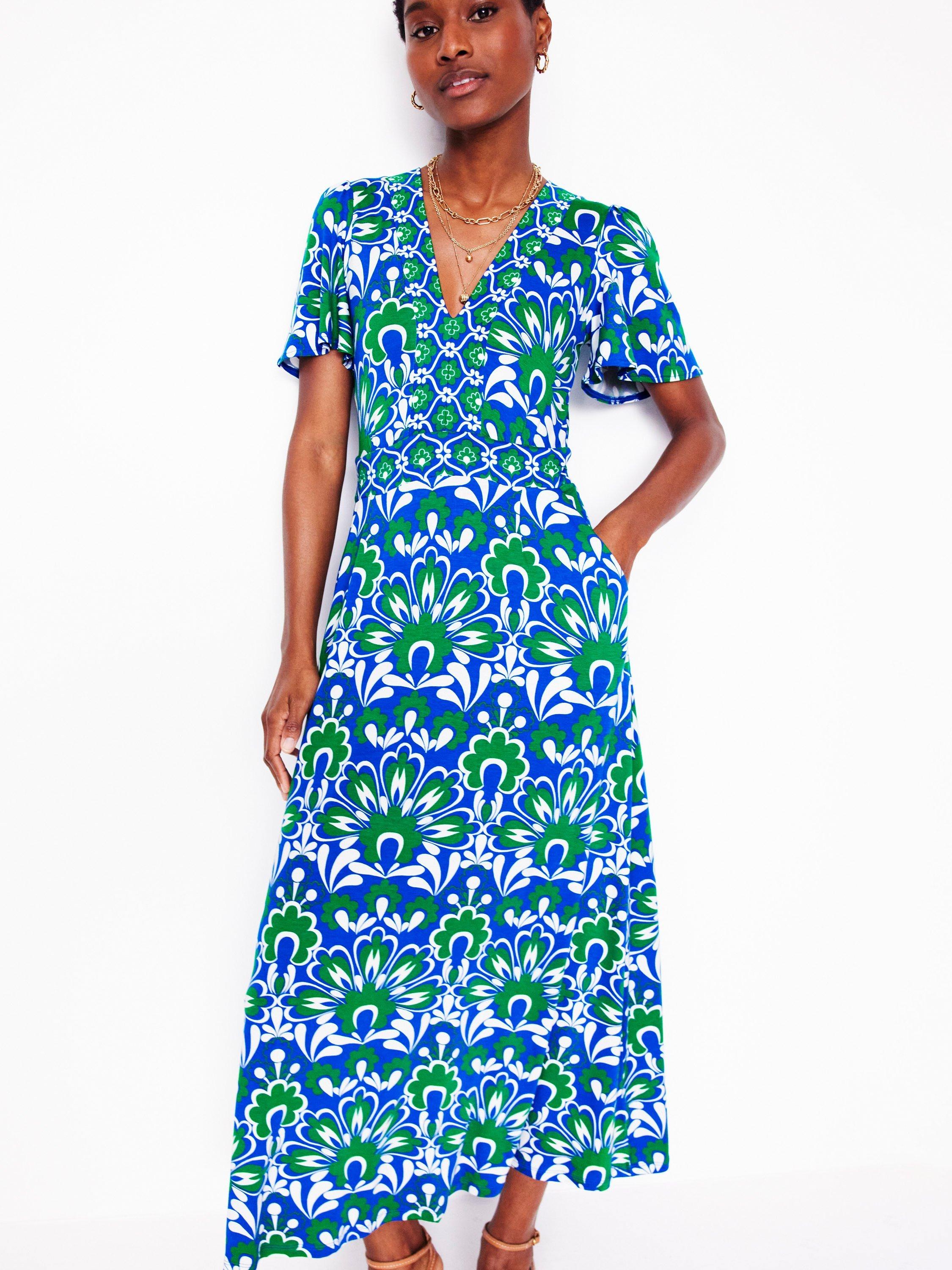 Product image 4 of 5, which shows Boden Ellie Floral Flutter Maxi Tea Dress, Blue/Multi, 8