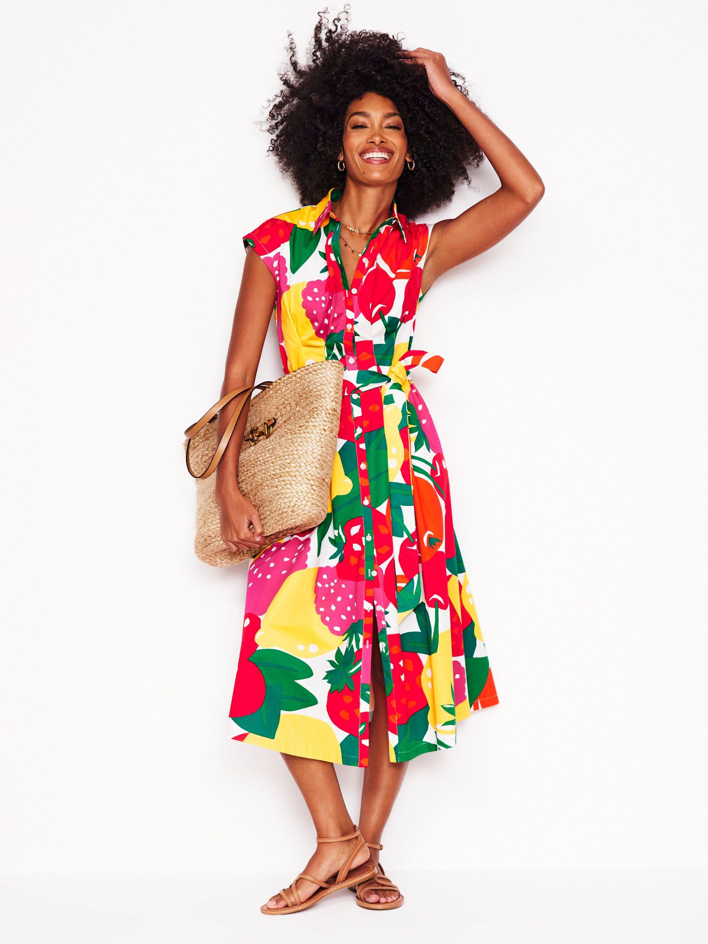 Product image 1 of 5, which shows Boden Rachel Fruit Print Shirt Midi Dress, Multi, 8