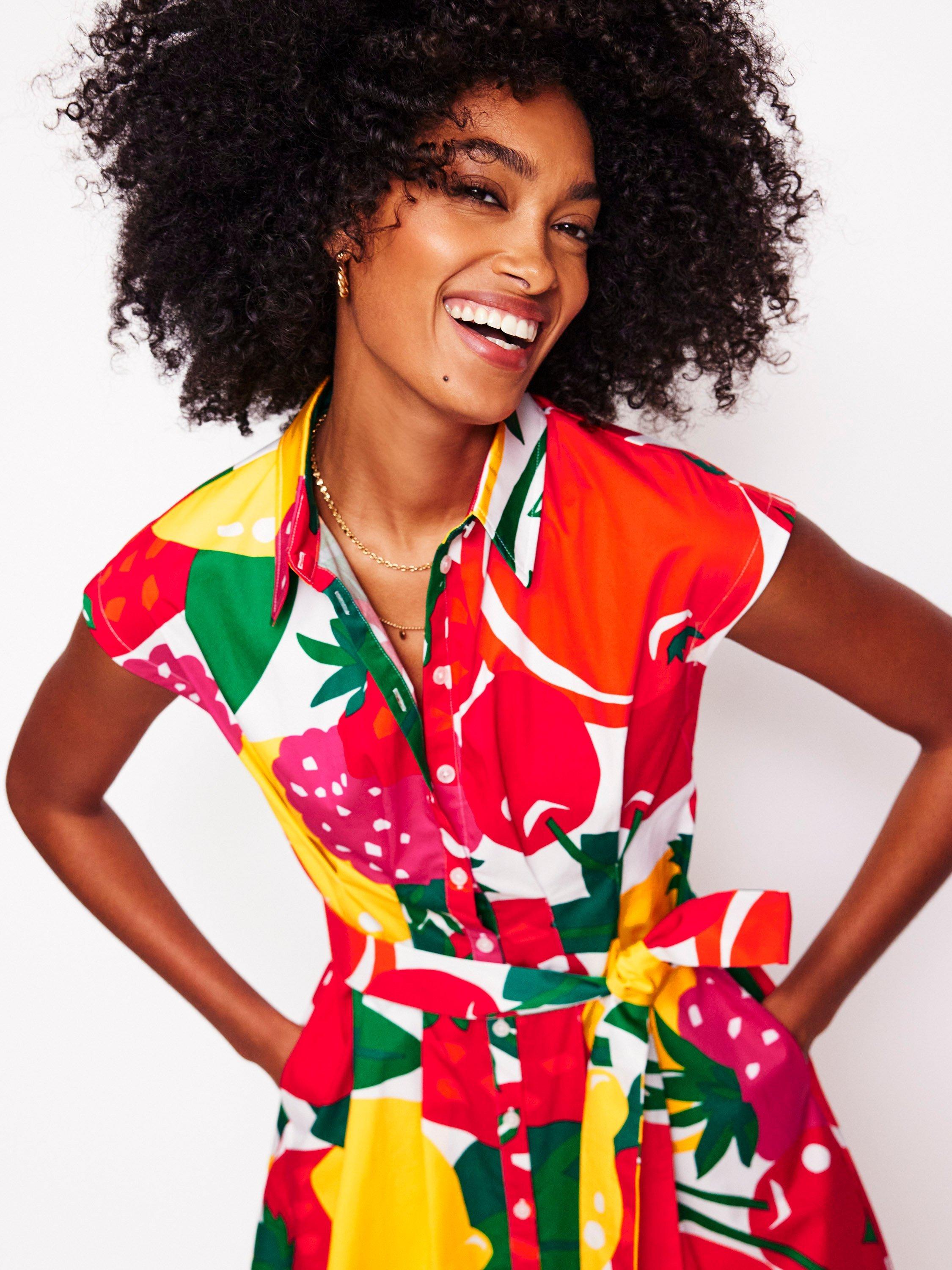Product image 2 of 5, which shows Boden Rachel Fruit Print Shirt Midi Dress, Multi, 8