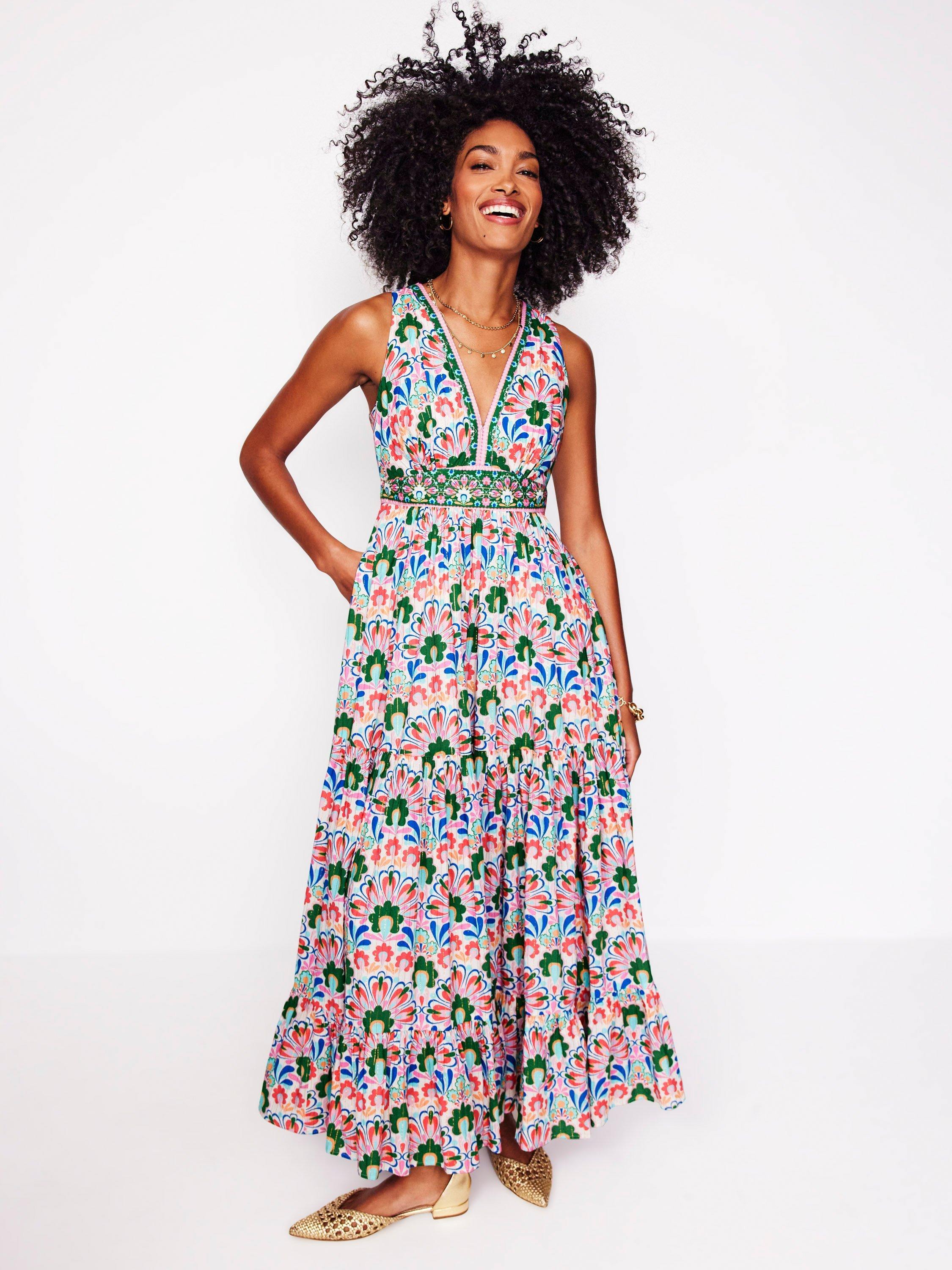Product image 1 of 6, which shows Boden Serena Geometric Tie Maxi Dress, Multi, 10