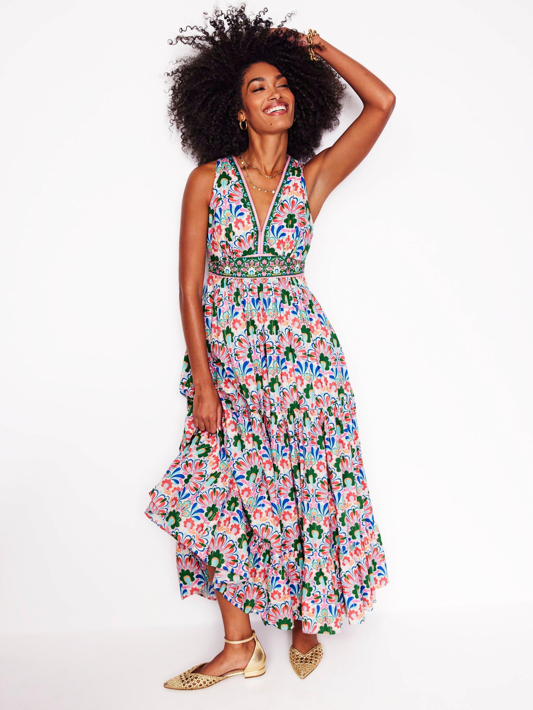 Product image 4 of 6, which shows Boden Serena Geometric Tie Maxi Dress, Multi, 10