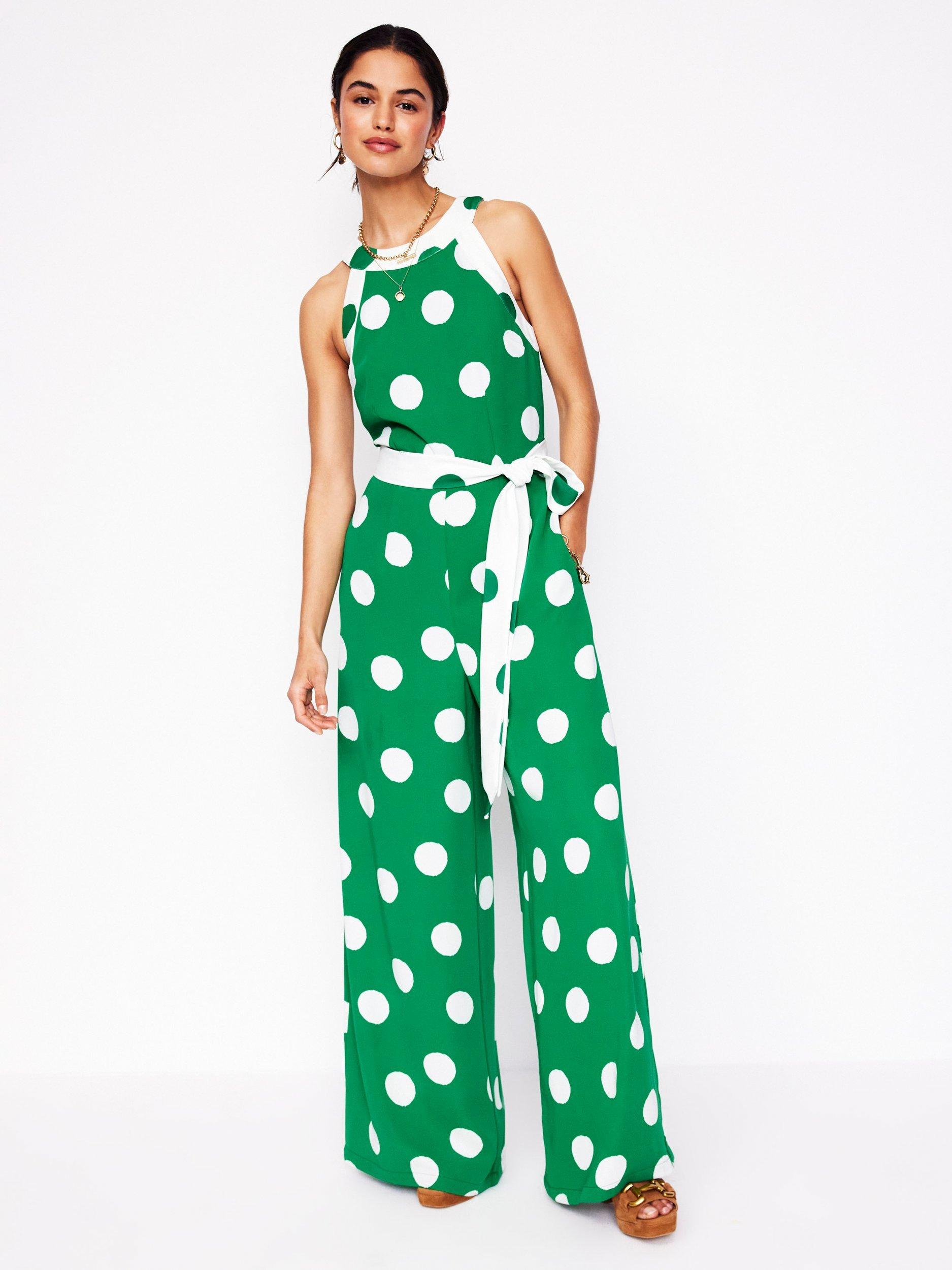 Product image 1 of 9, which shows Boden Polka Dot Halterneck Jumpsuit, Emerald/White, 8