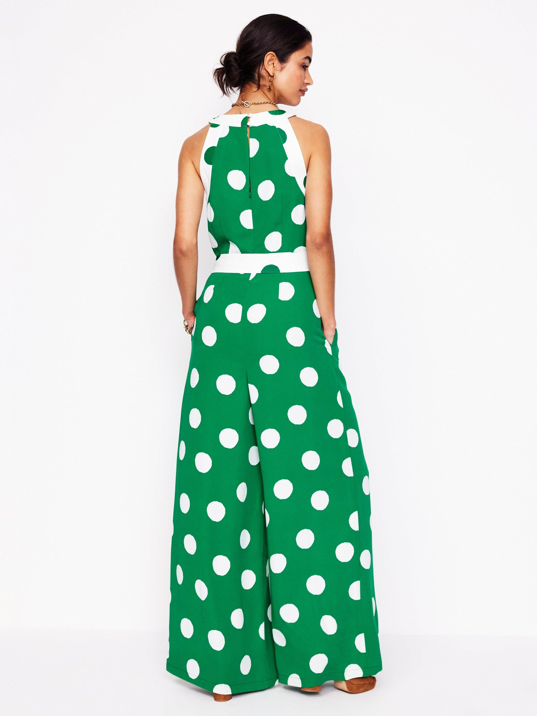 Product image 2 of 9, which shows Boden Polka Dot Halterneck Jumpsuit, Emerald/White, 8