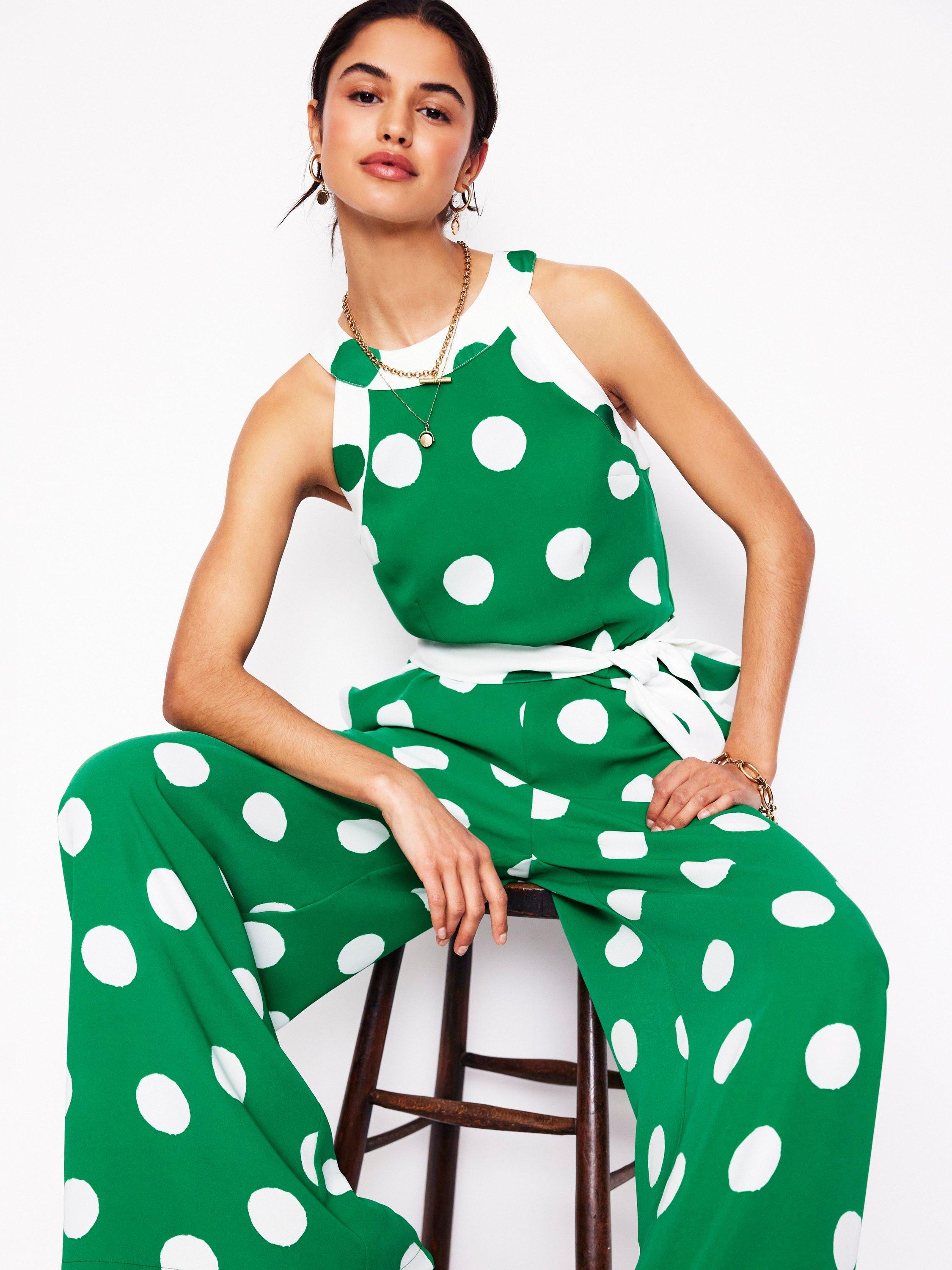Product image 3 of 9, which shows Boden Polka Dot Halterneck Jumpsuit, Emerald/White, 8
