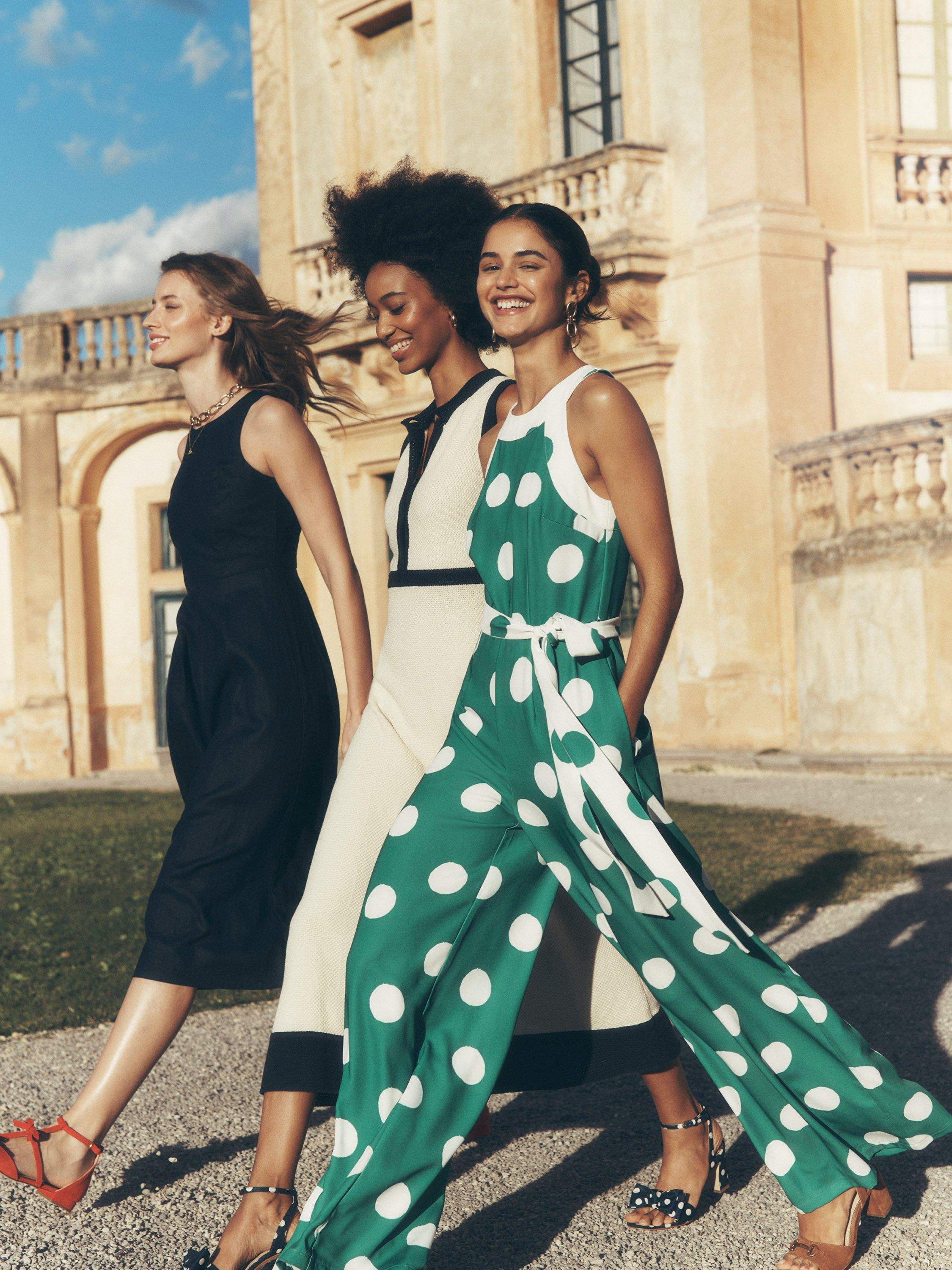 Product image 7 of 9, which shows Boden Polka Dot Halterneck Jumpsuit, Emerald/White, 8