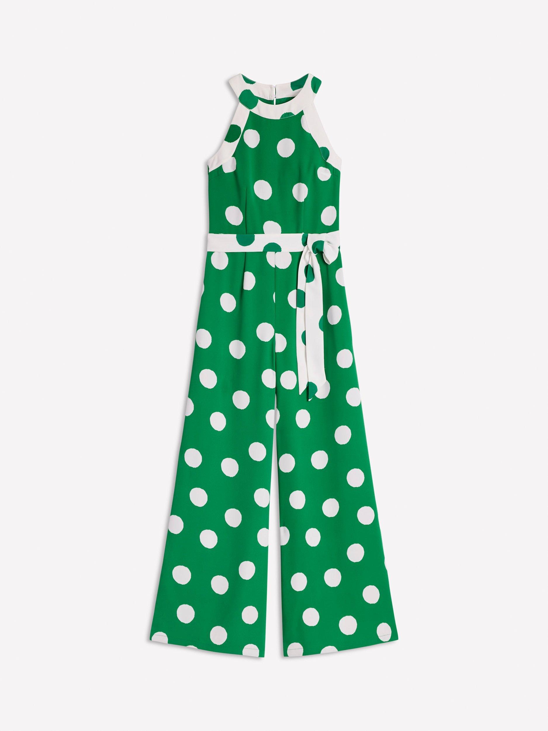 Product image 9 of 9, which shows Boden Polka Dot Halterneck Jumpsuit, Emerald/White, 8