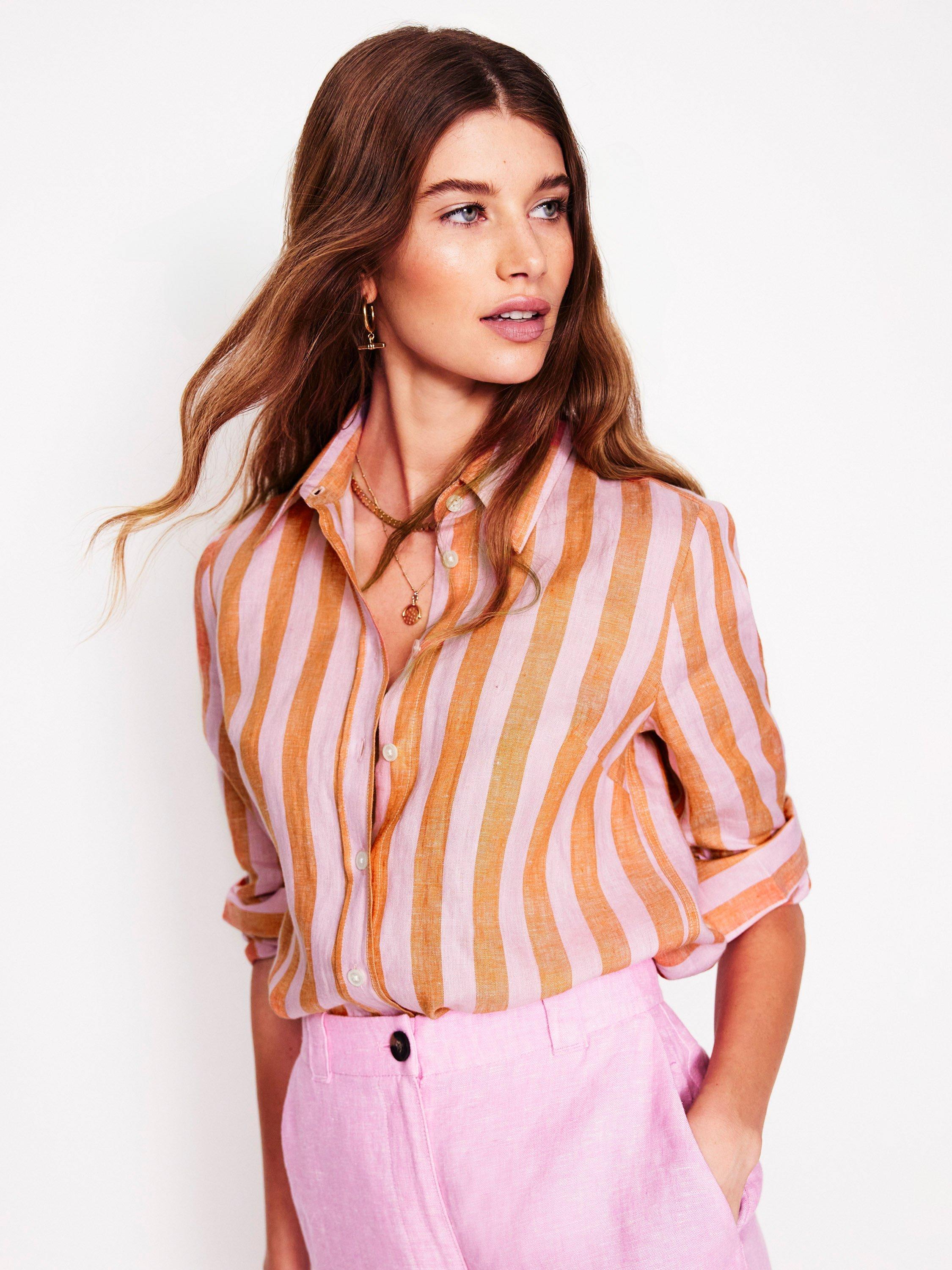 Product image 4 of 7, which shows Boden Sienna Stripe Pure Linen Shirt, Pink, 8