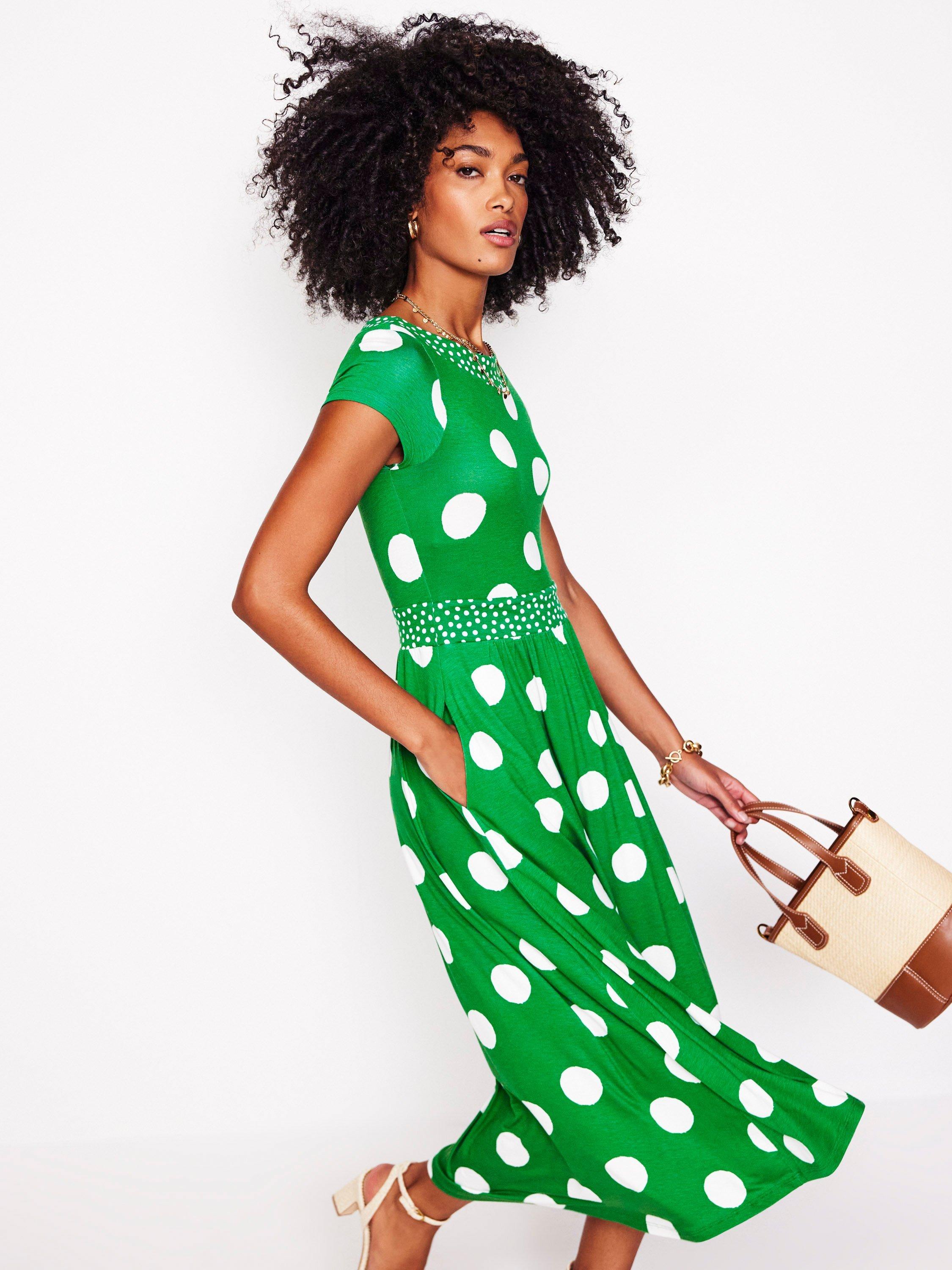 Product image 1 of 6, which shows Boden Melanie Polka Dot Jersey Midi Dress, Green/White, 12