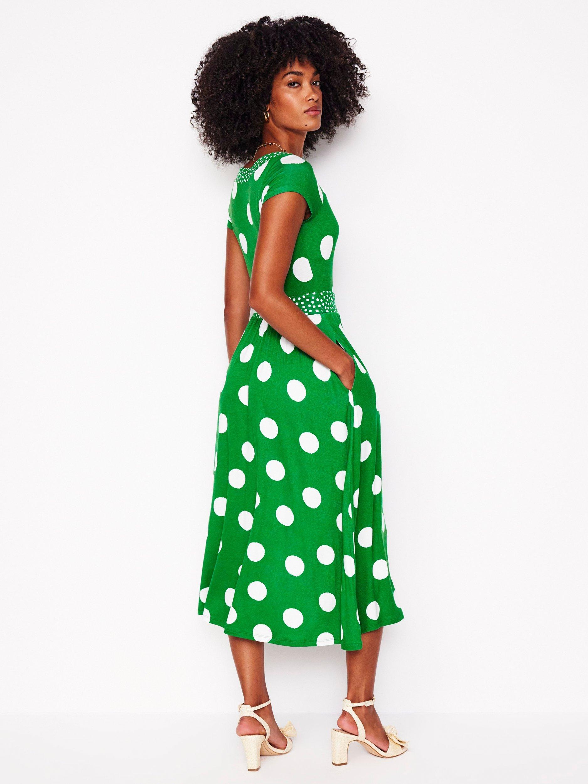 Product image 3 of 6, which shows Boden Melanie Polka Dot Jersey Midi Dress, Green/White, 12
