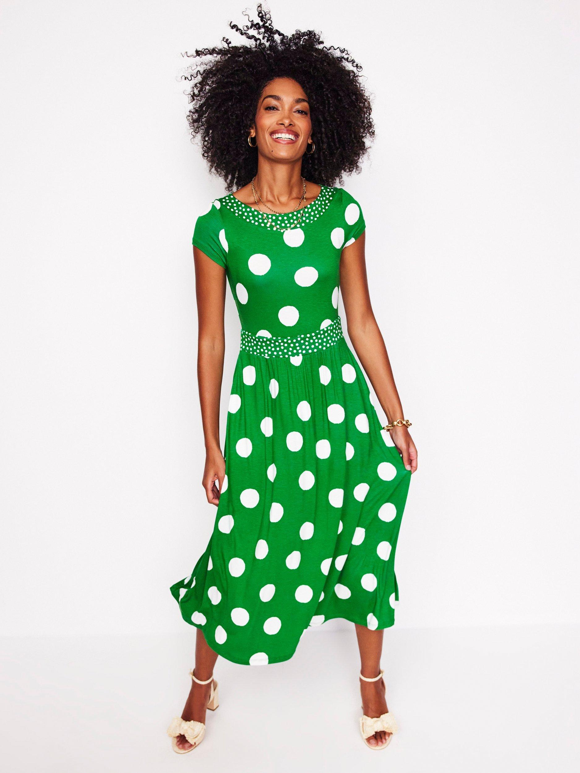 Product image 4 of 6, which shows Boden Melanie Polka Dot Jersey Midi Dress, Green/White, 12