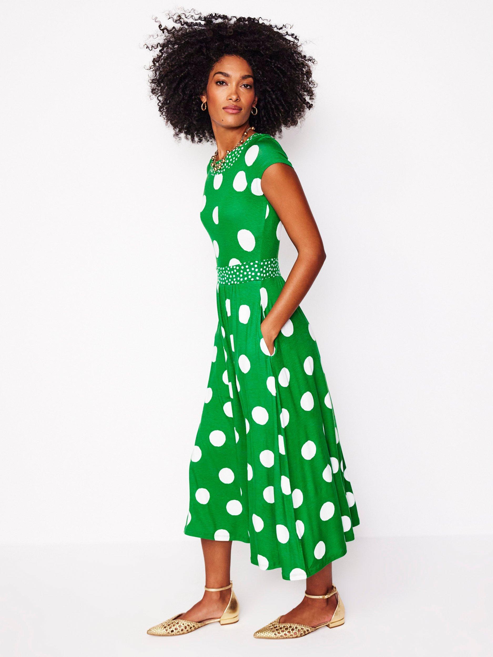 Product image 5 of 6, which shows Boden Melanie Polka Dot Jersey Midi Dress, Green/White, 12