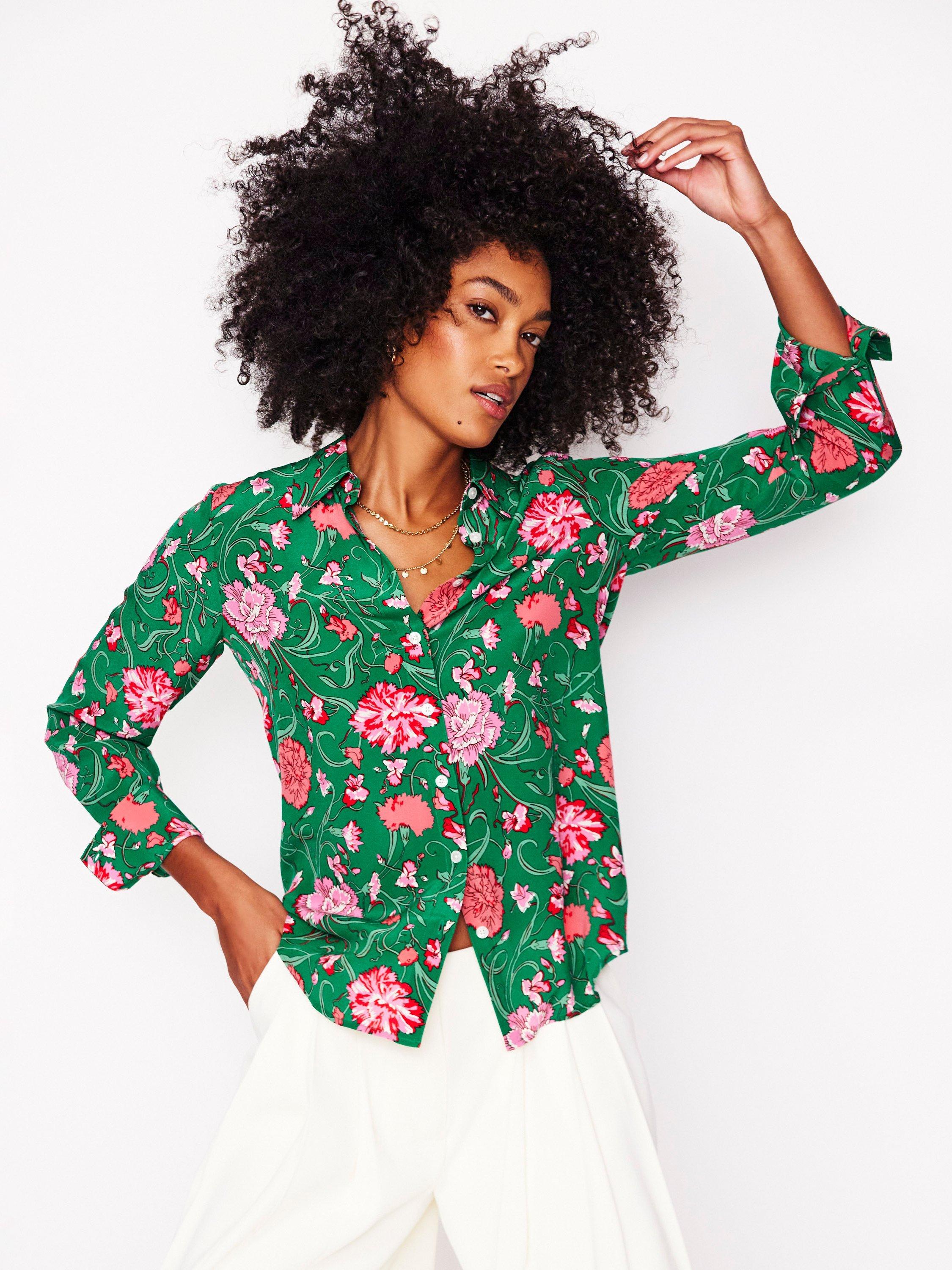Product image 1 of 7, which shows Boden Sienna Floral Pure Silk Shirt, Green/Pink, 8
