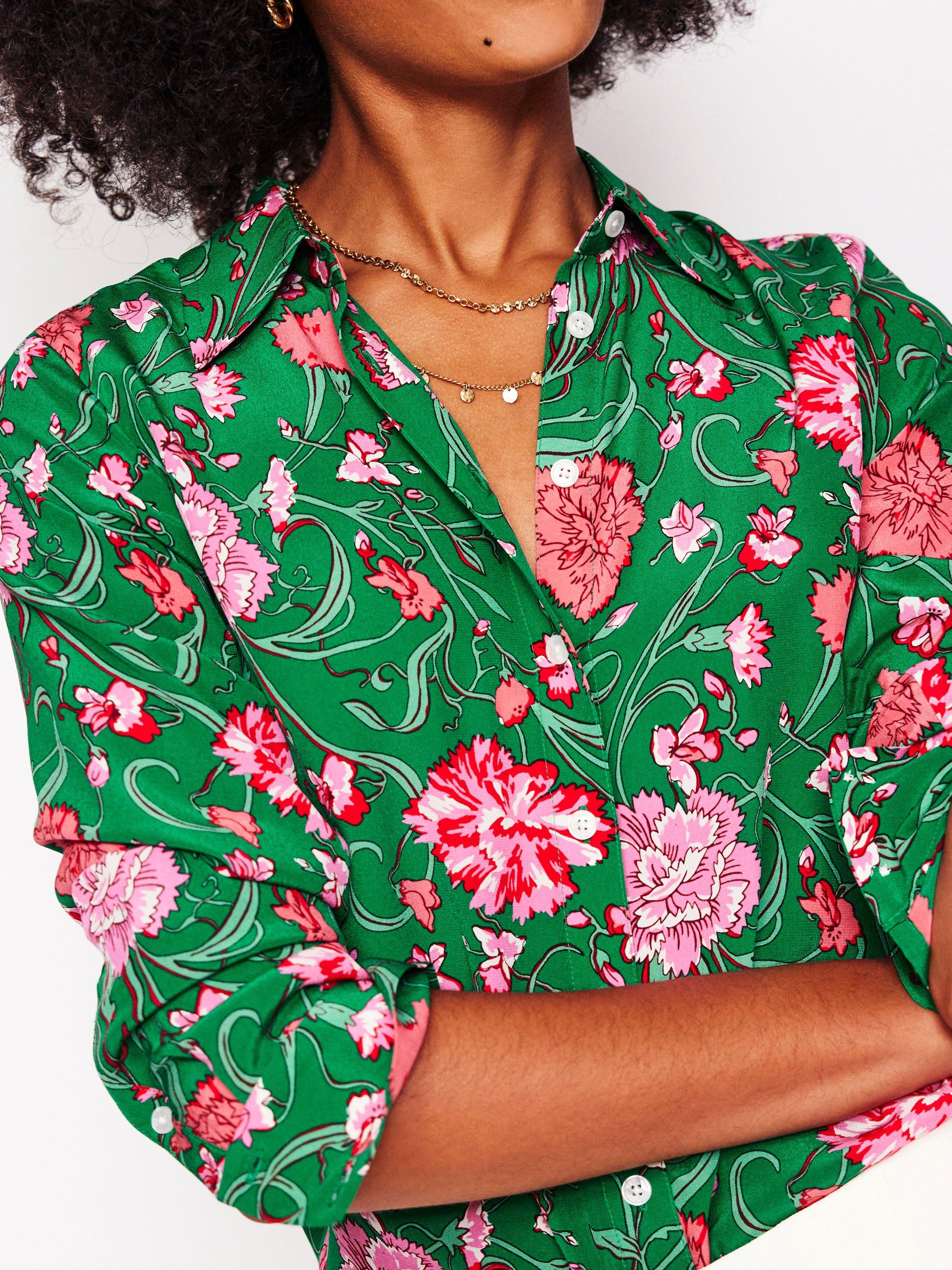 Product image 2 of 7, which shows Boden Sienna Floral Pure Silk Shirt, Green/Pink, 8