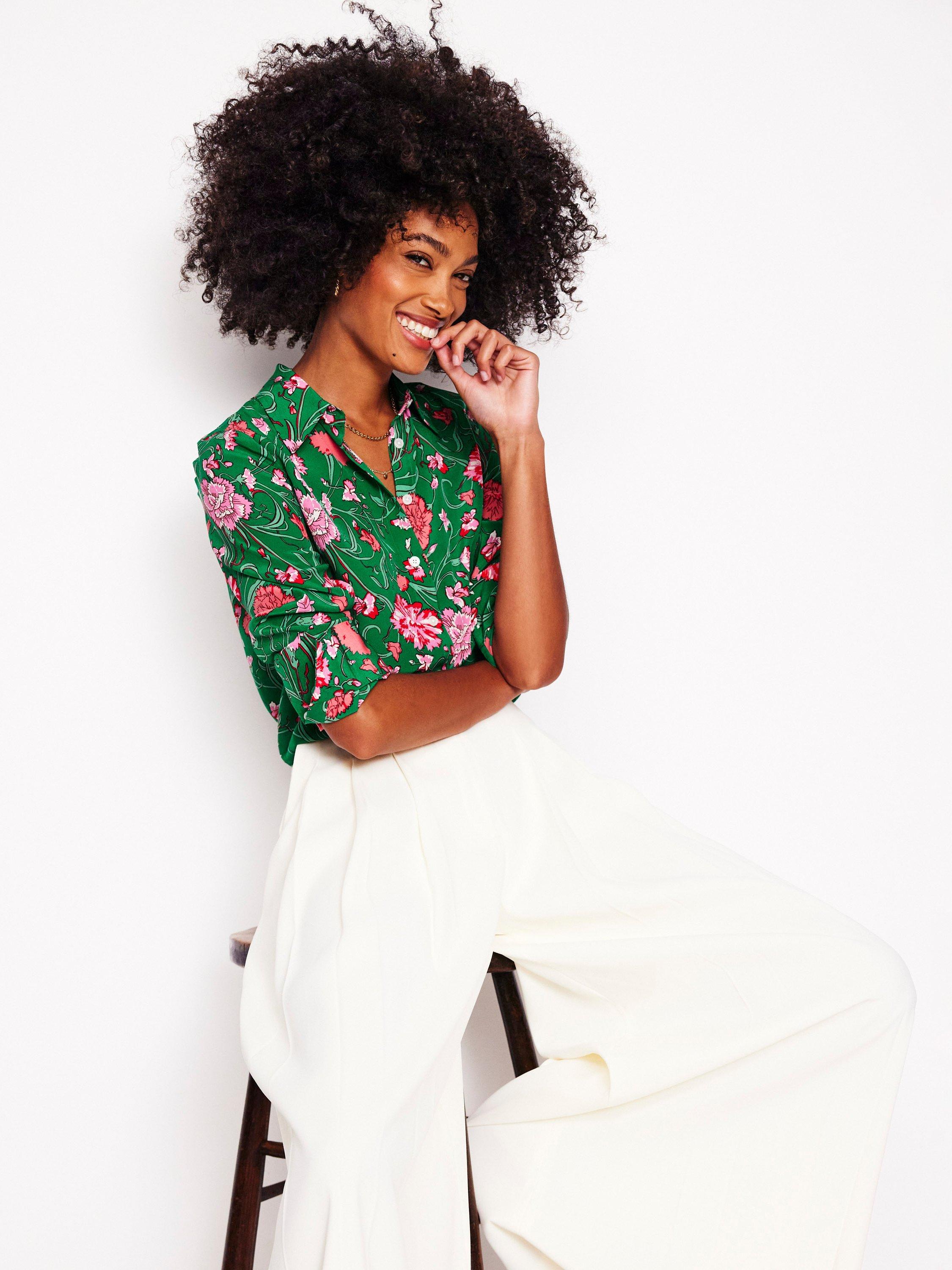 Product image 4 of 7, which shows Boden Sienna Floral Pure Silk Shirt, Green/Pink, 8