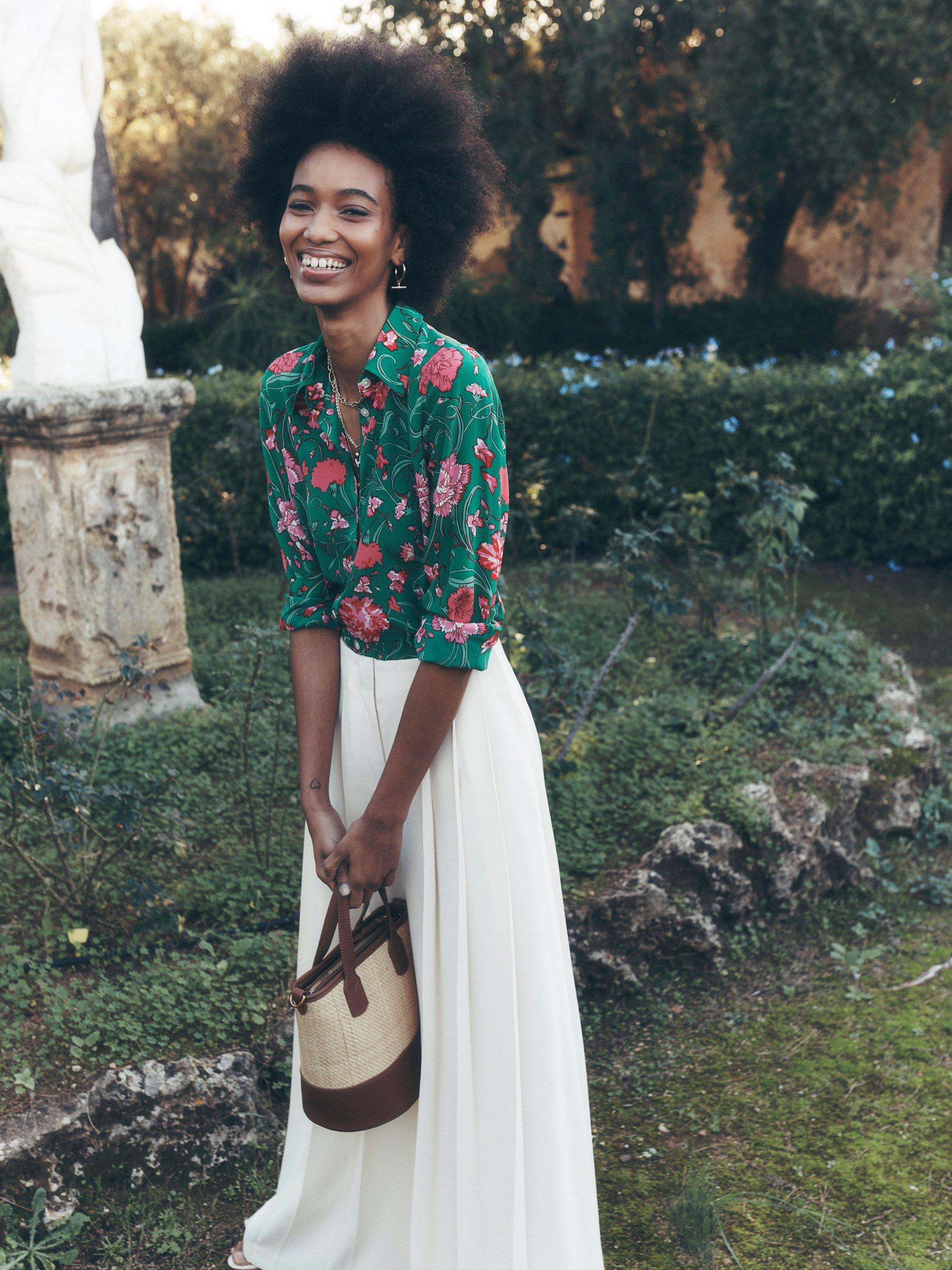 Product image 6 of 7, which shows Boden Sienna Floral Pure Silk Shirt, Green/Pink, 8