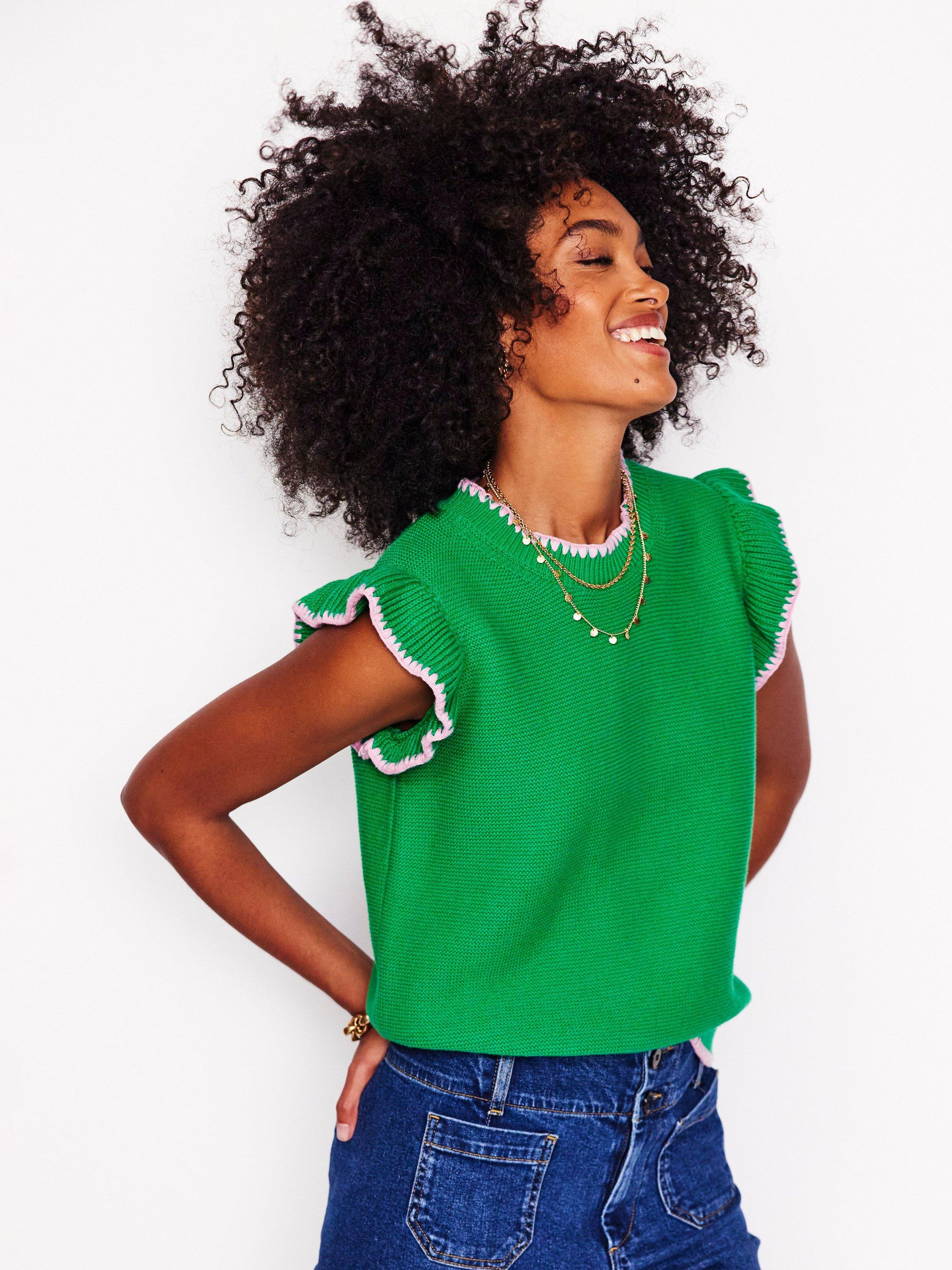 Product image 1 of 6, which shows Boden Lena Stitch Detail Tank Top, Green, XS