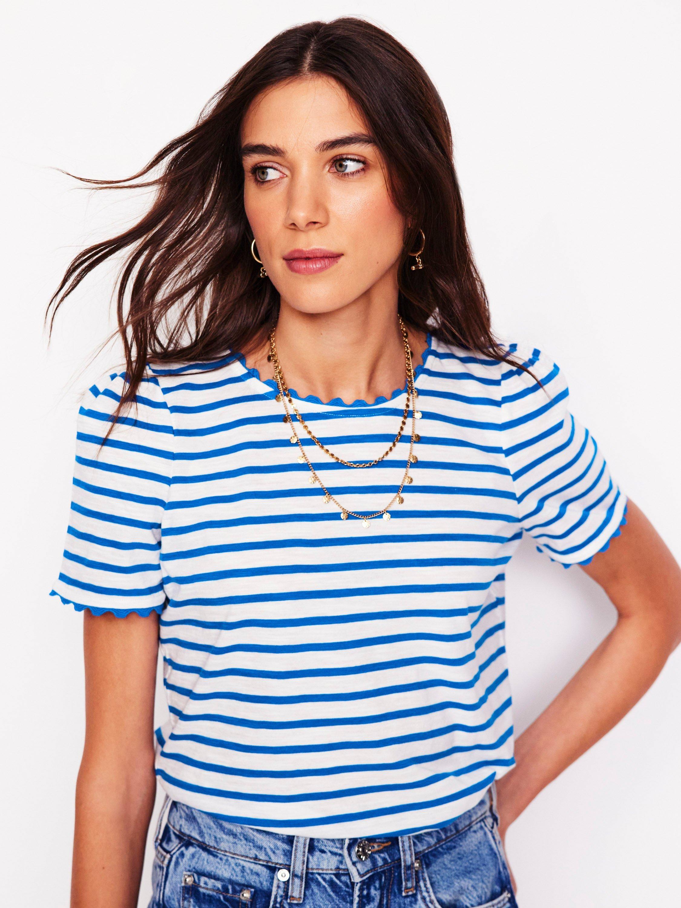 Product image 1 of 5, which shows Boden Ali Ric Rac Stripe T-Shirt, Ivory/Gallery Blue, 8