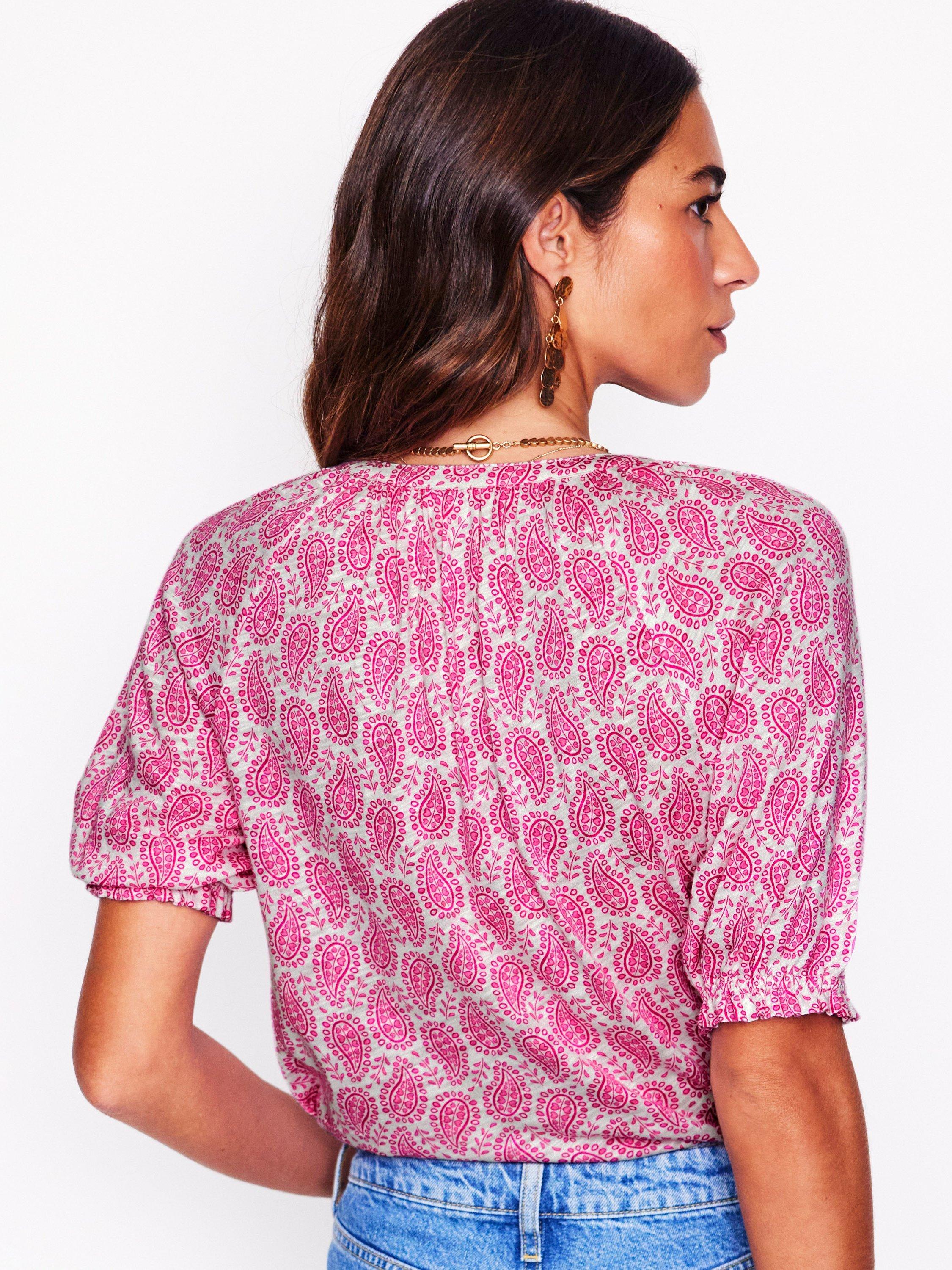 Product image 3 of 5, which shows Boden Bonnie Paisley Jersey Shirt, Pink/White, 8