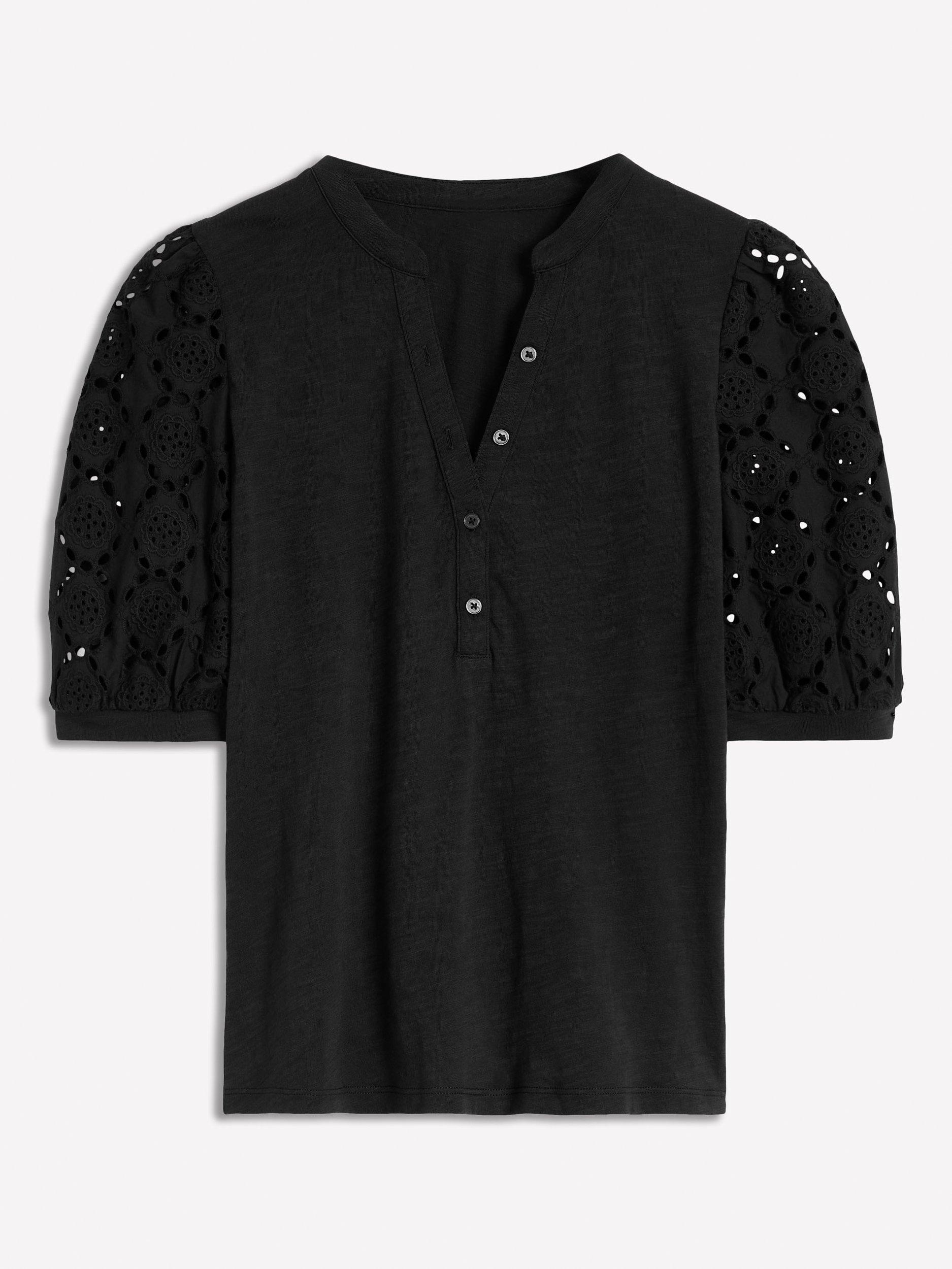 Product image 5 of 5, which shows Boden Eden Puff Sleeve Henley Top, Black, 8