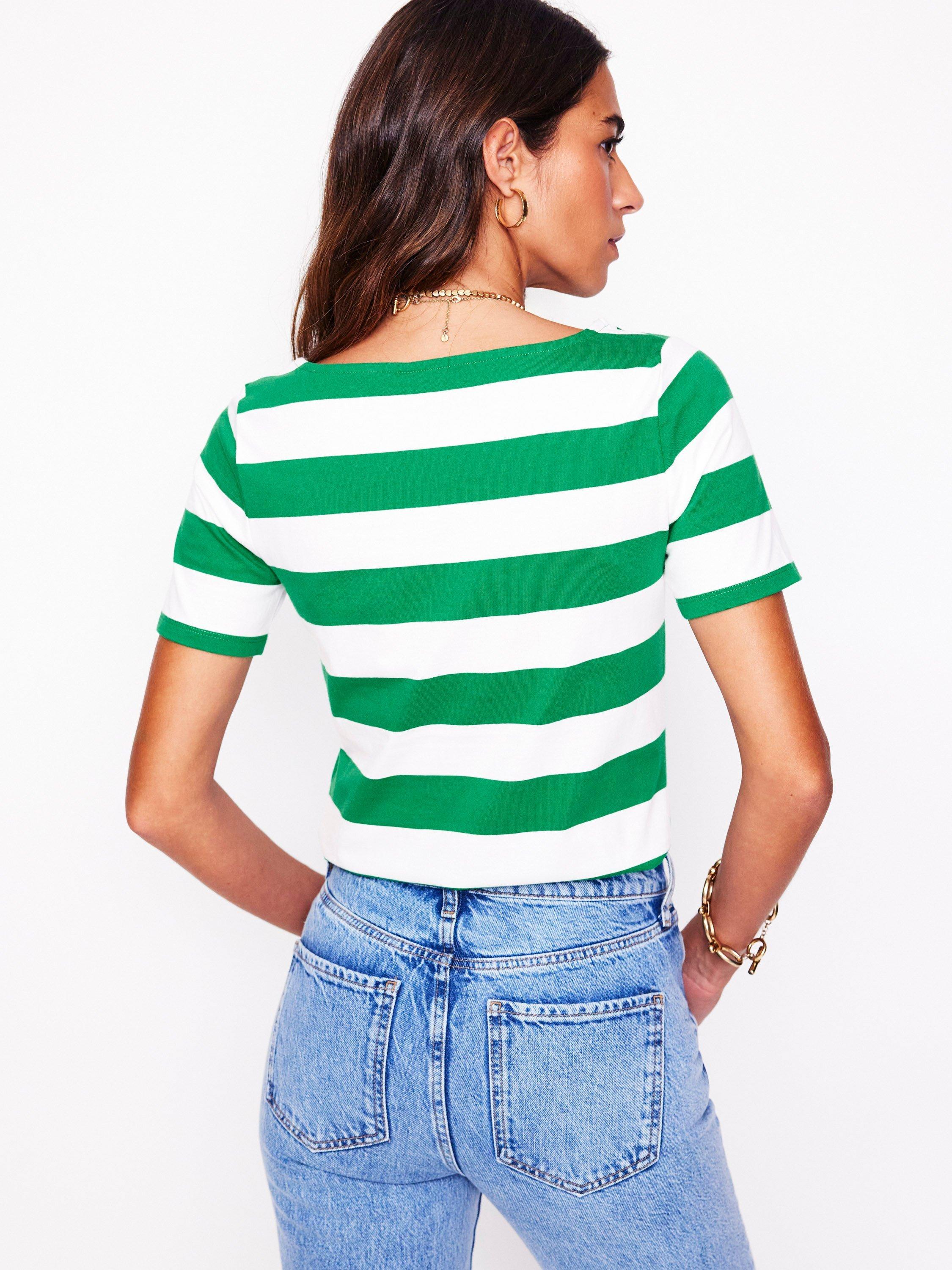Product image 3 of 5, which shows Boden Ella Breton Stripe Short Sleeve T-Shirt, Green/White, 8