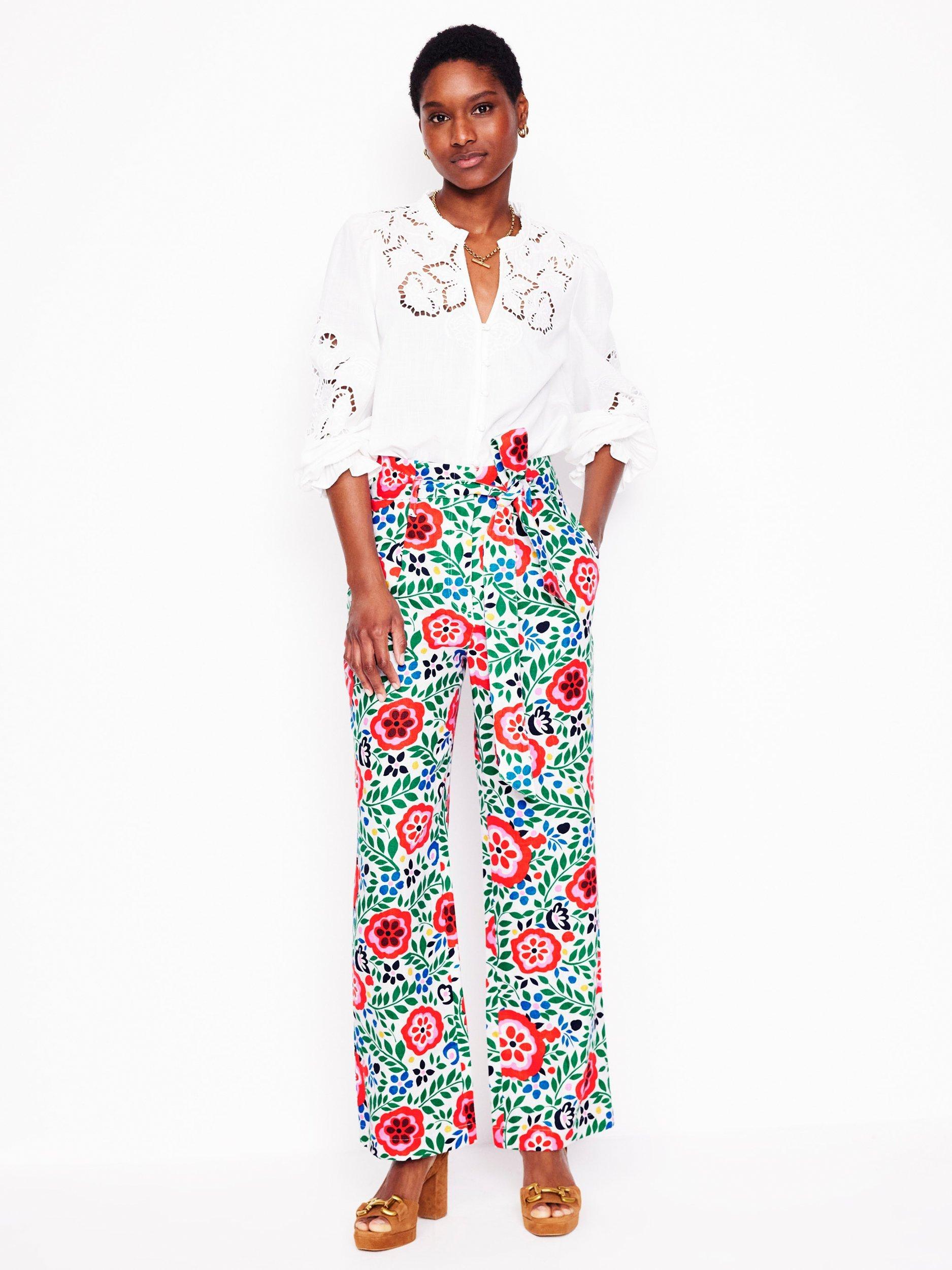 Product image 1 of 6, which shows Boden Floral Belted Pure Linen Trousers, White/Multi, 8