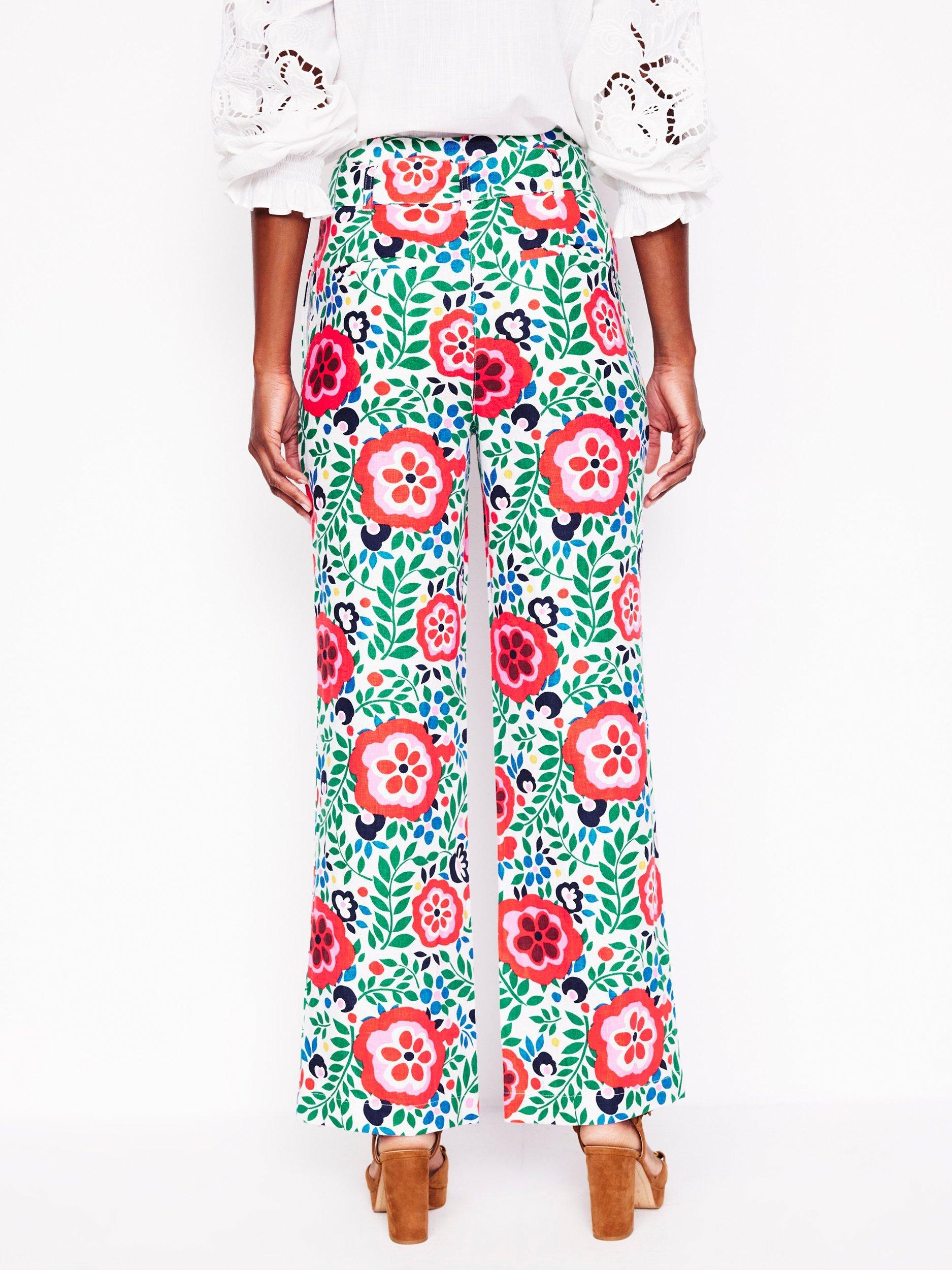 Product image 3 of 6, which shows Boden Floral Belted Pure Linen Trousers, White/Multi, 8