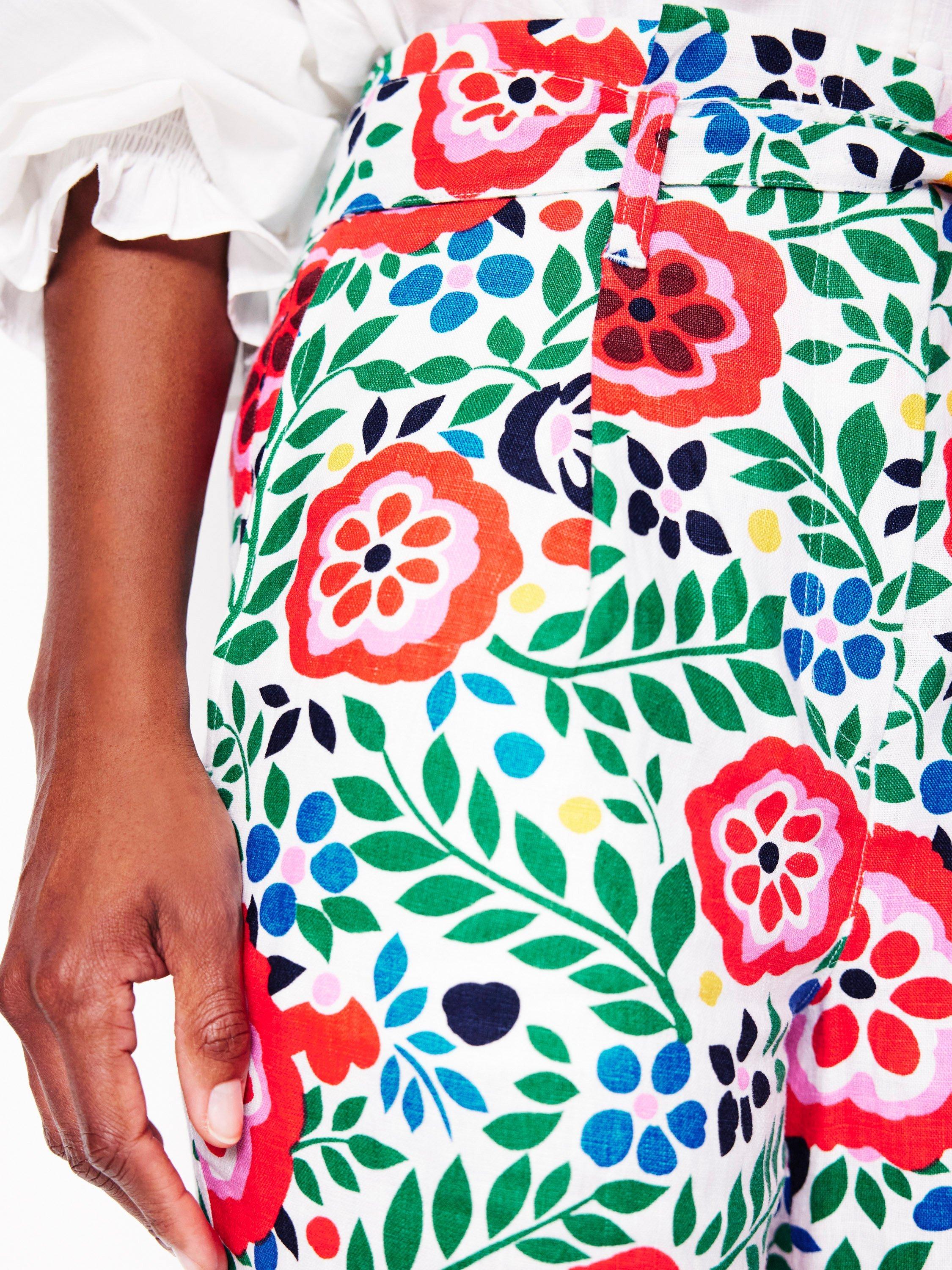 Product image 4 of 6, which shows Boden Floral Belted Pure Linen Trousers, White/Multi, 8