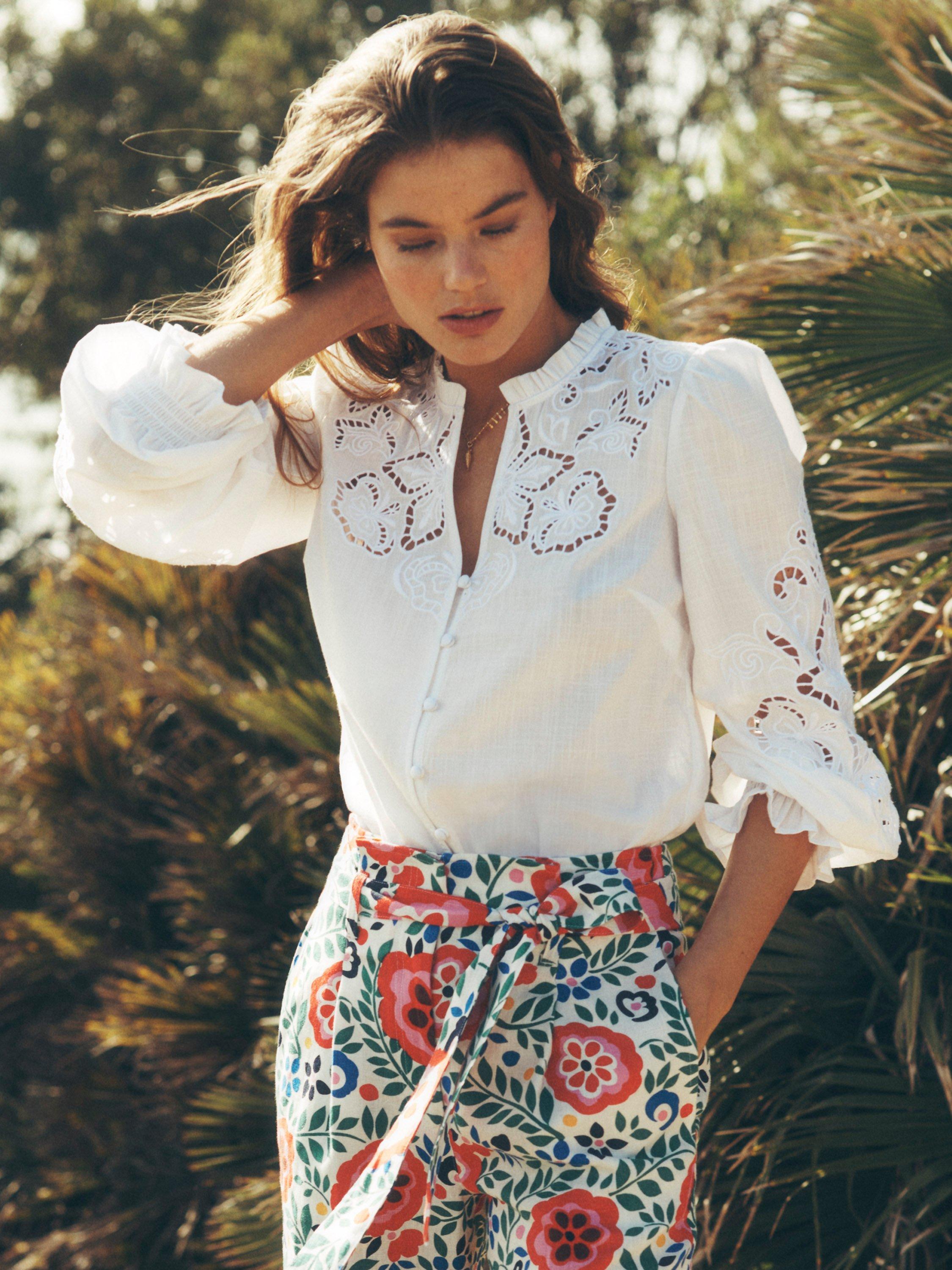 Product image 5 of 6, which shows Boden Floral Belted Pure Linen Trousers, White/Multi, 8