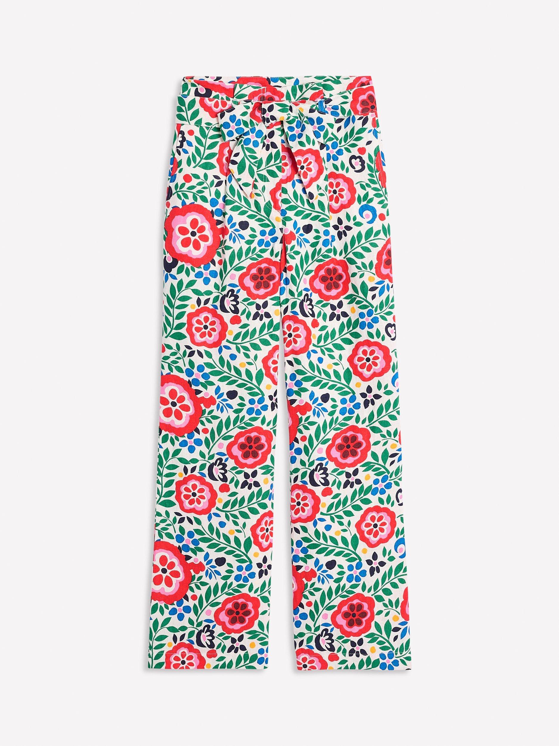 Product image 6 of 6, which shows Boden Floral Belted Pure Linen Trousers, White/Multi, 8