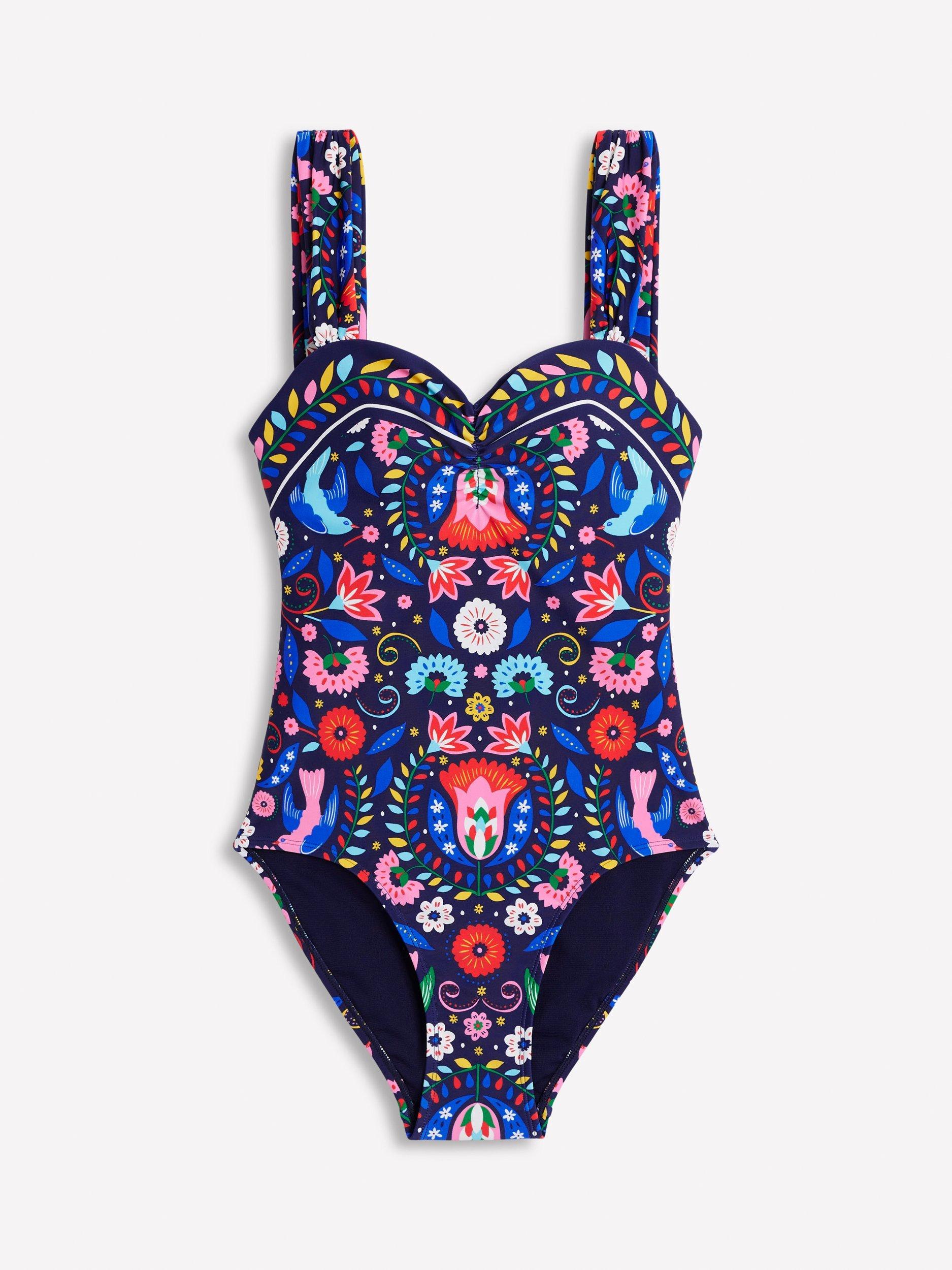 Product image 5 of 6, which shows Boden Floral Sweetheart Swimsuit, Navy/Multi, 8