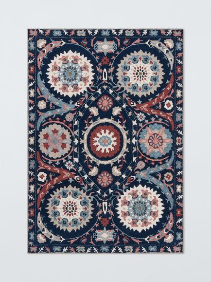 John Lewis Zamira Suzani Pure Wool Hand Woven Rug, Navy, Navy