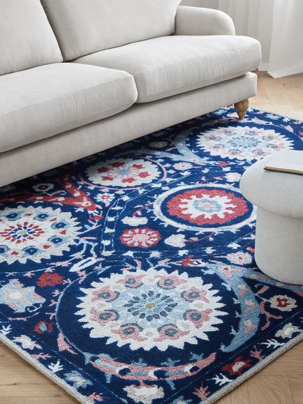 John Lewis Zamira Suzani Pure Wool Hand Woven Rug, Navy - view 2, Navy
