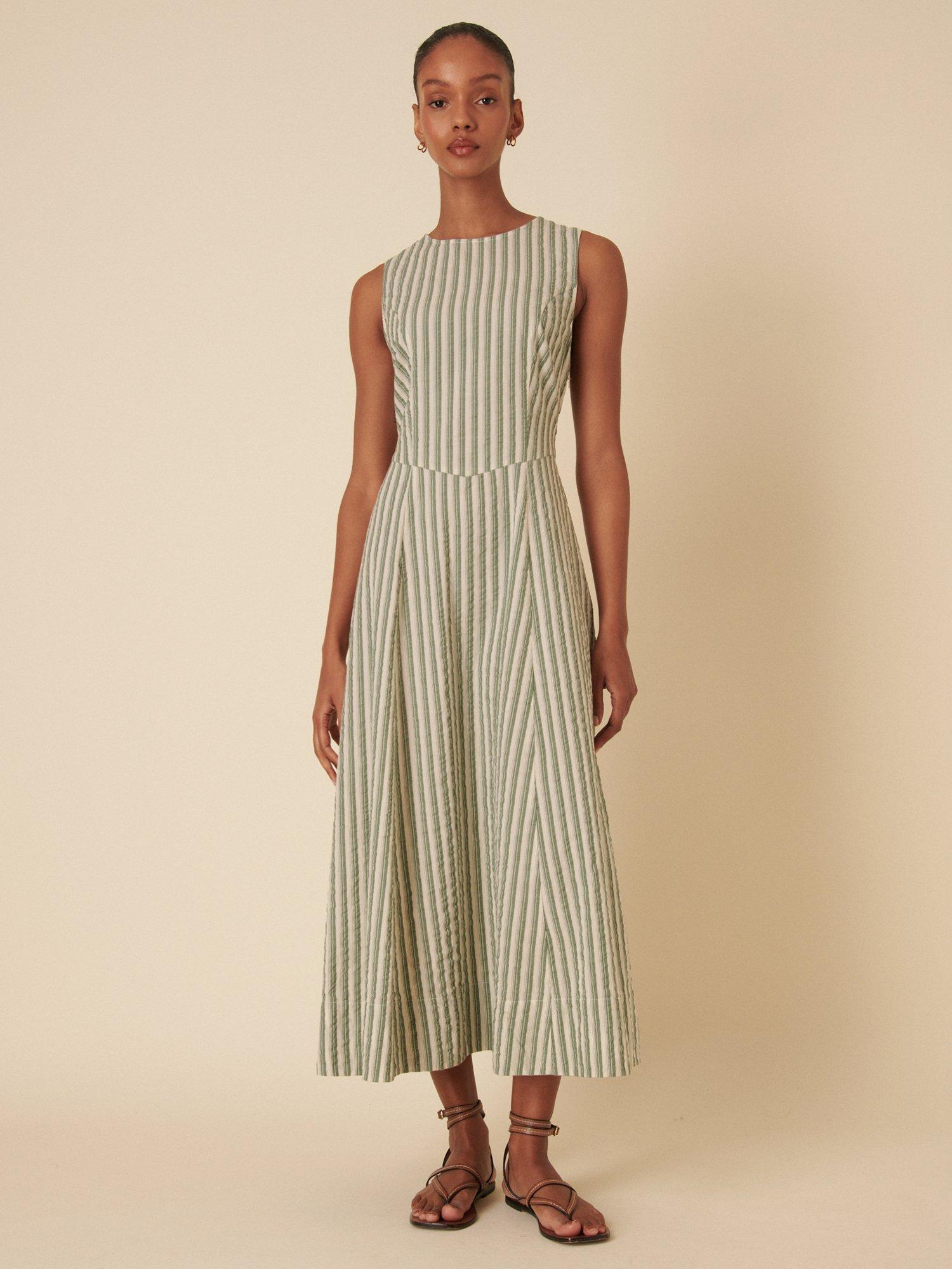 Product image 1 of 5, which shows Nobody's Child Cedar Stripe Pure Organic Cotton Midi Dress, Green/Cream, 6