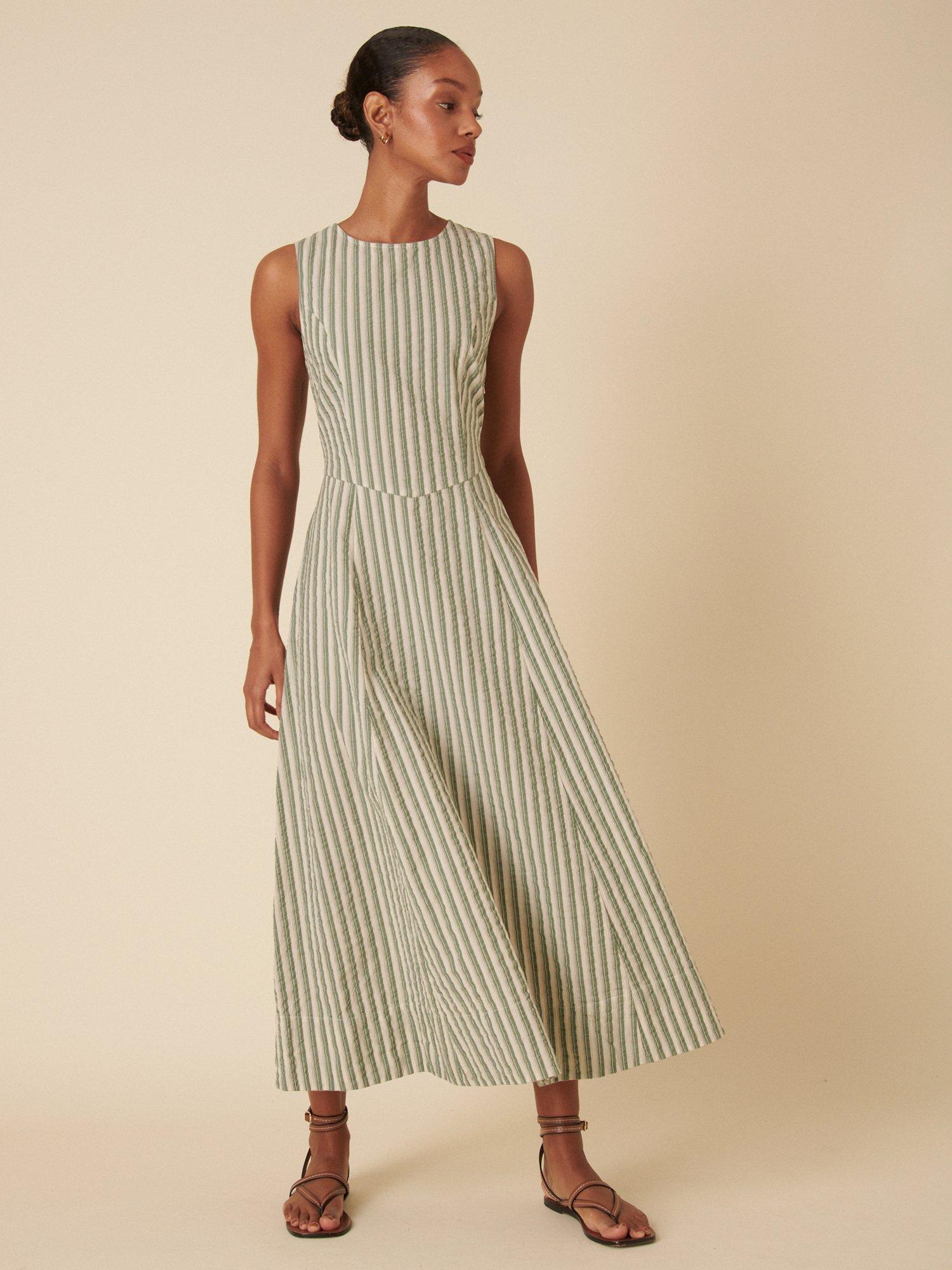 Product image 2 of 5, which shows Nobody's Child Cedar Stripe Pure Organic Cotton Midi Dress, Green/Cream, 6