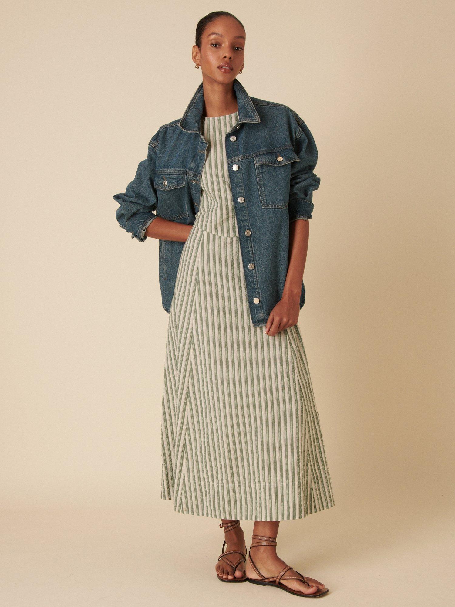 Product image 3 of 5, which shows Nobody's Child Cedar Stripe Pure Organic Cotton Midi Dress, Green/Cream, 6