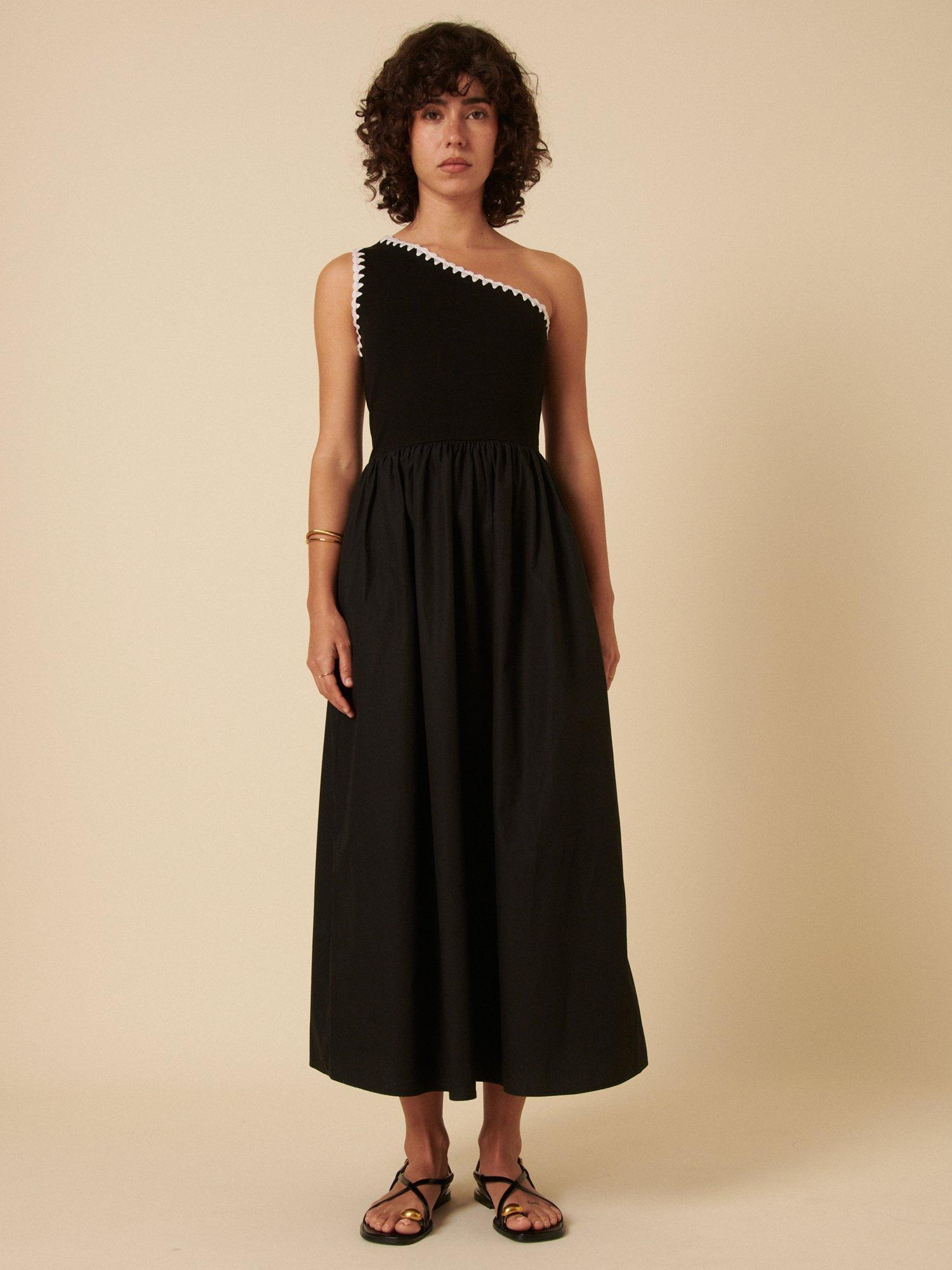 Product image 3 of 5, which shows Nobody's Child Sabrina Contrast Stitch Organic Cotton Rich Midi Dress, Black, 14