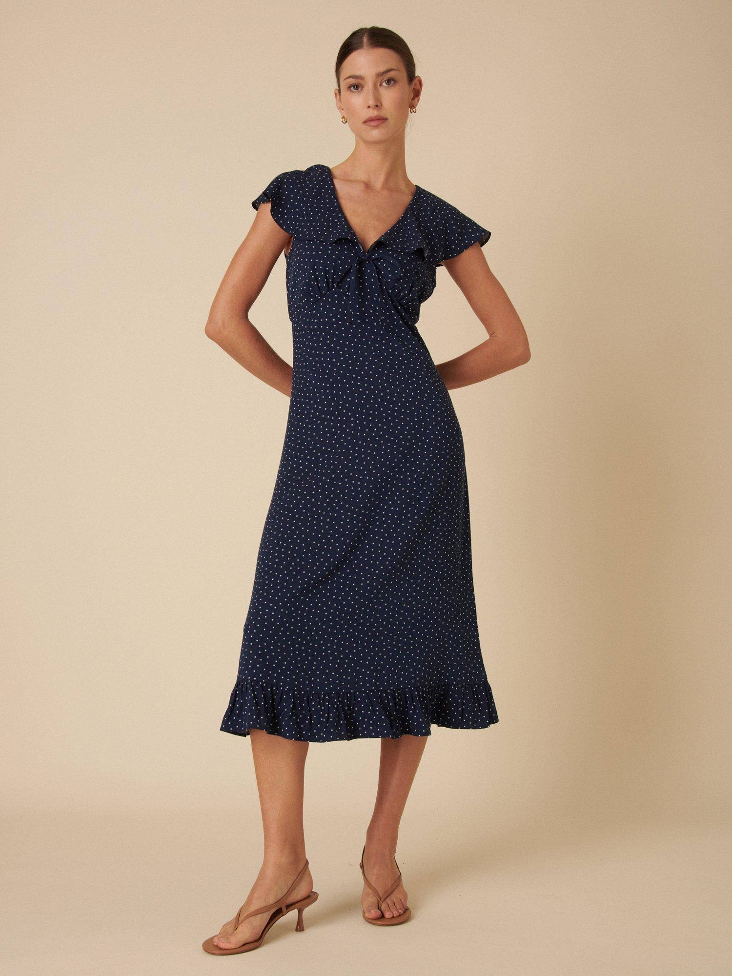 Product image 1 of 5, which shows Nobody's Child Elouise Polka Dot Midi Dress, Navy/White, 8