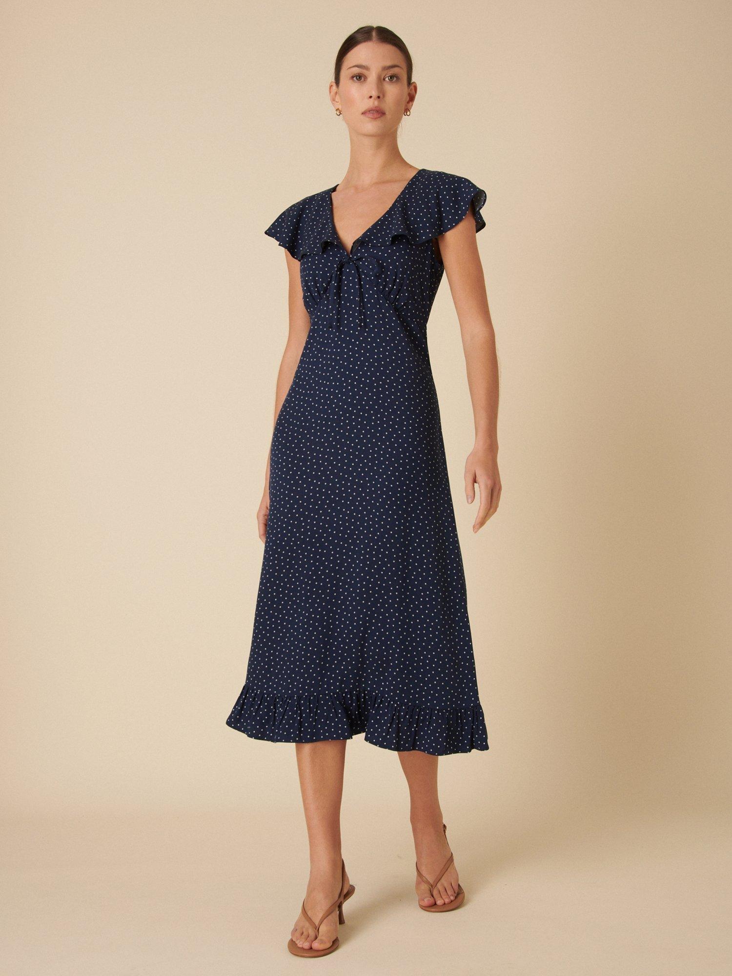 Product image 2 of 5, which shows Nobody's Child Elouise Polka Dot Midi Dress, Navy/White, 8