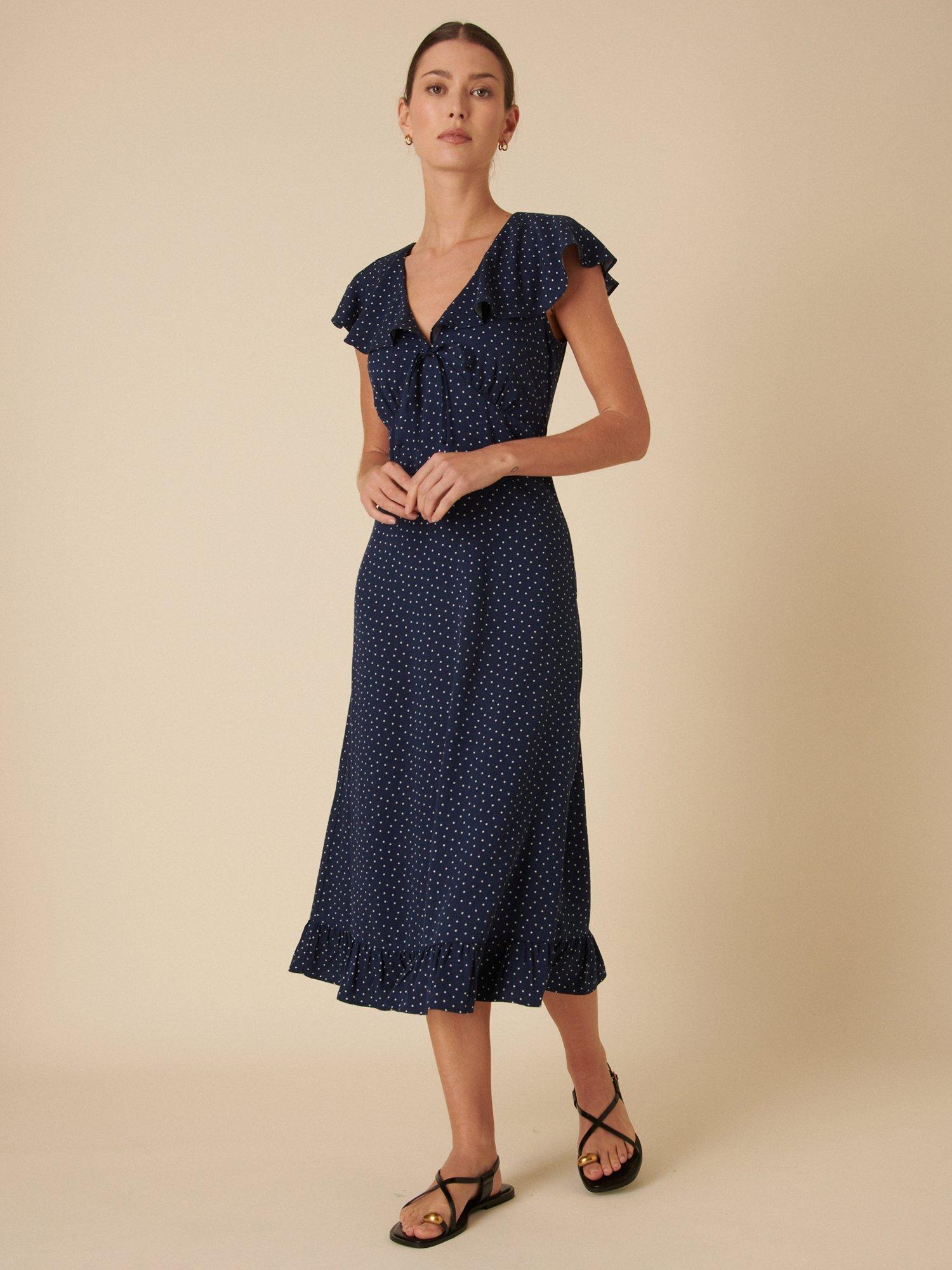 Product image 3 of 5, which shows Nobody's Child Elouise Polka Dot Midi Dress, Navy/White, 8