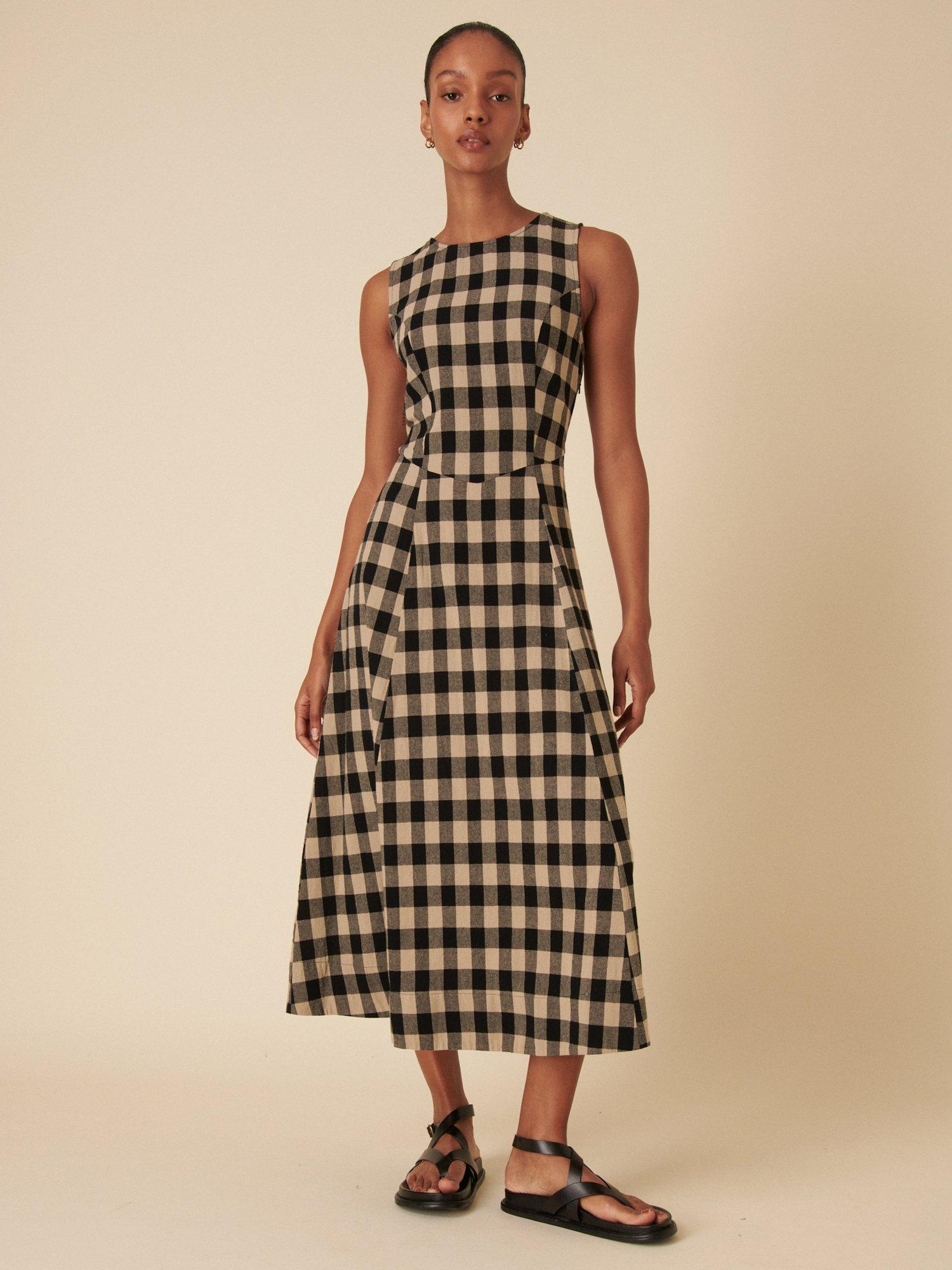 Product image 1 of 4, which shows Nobody's Child Cedar Gingham Pure Organic Cotton Midi Dress, Black/Beige, 8