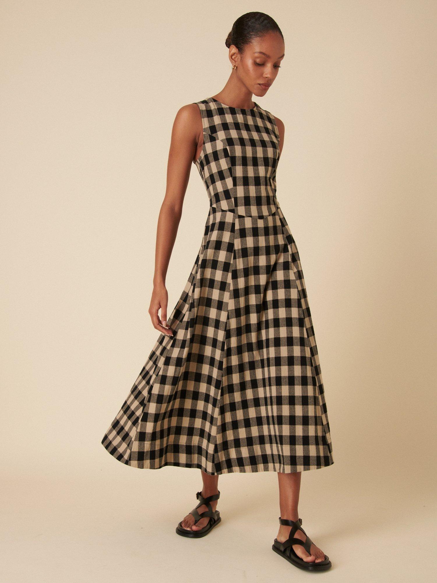 Product image 2 of 4, which shows Nobody's Child Cedar Gingham Pure Organic Cotton Midi Dress, Black/Beige, 8