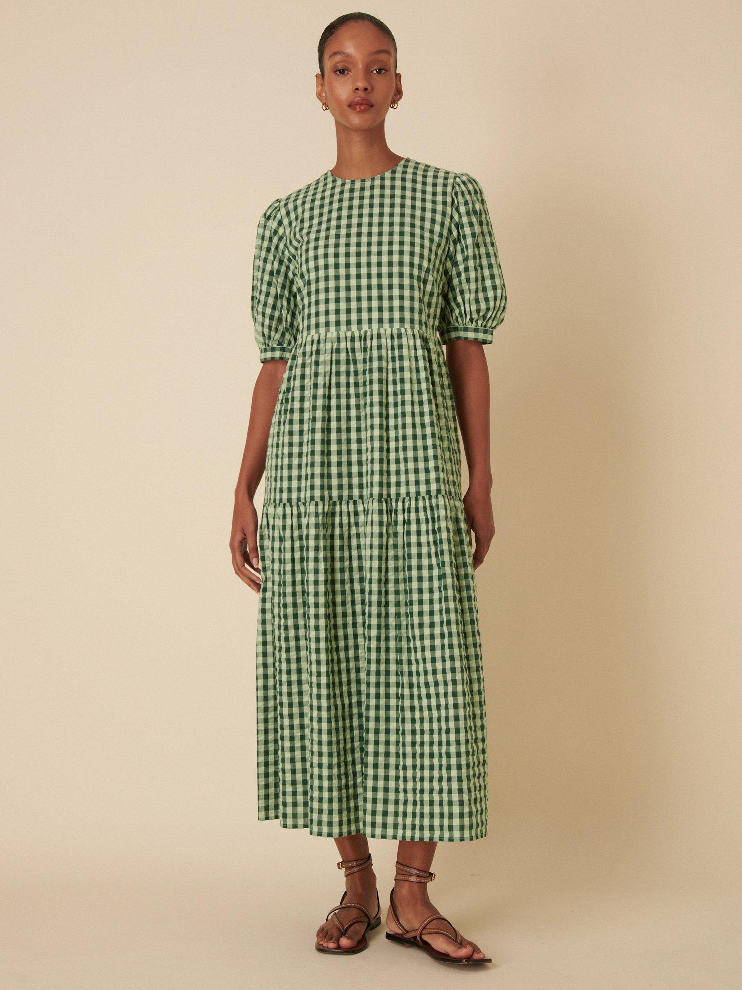 Nobody's Child Rochelle Tiered Gingham Organic Cotton Midi Dress, Green